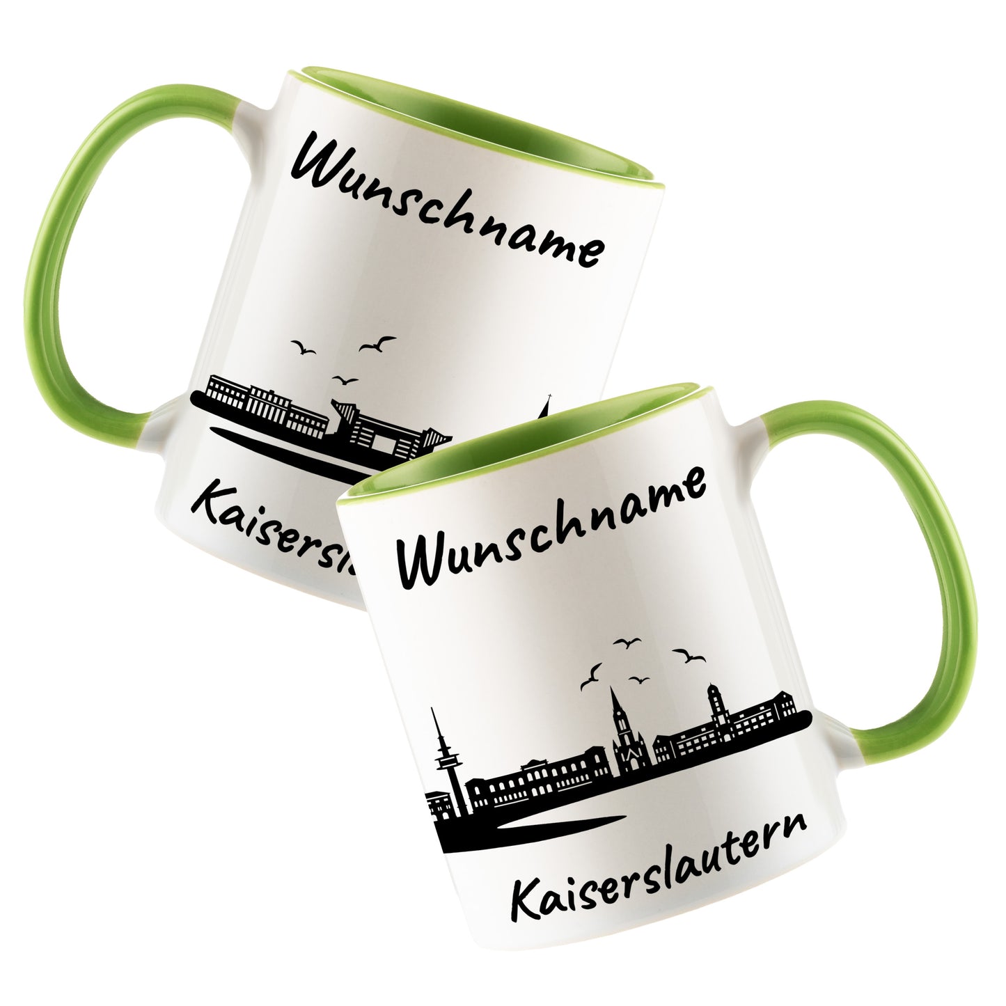 Tasse in Hellgrün 330ml bedruckt mit der Skyline von Kaiserslautern personalisierbar mit Wunschname