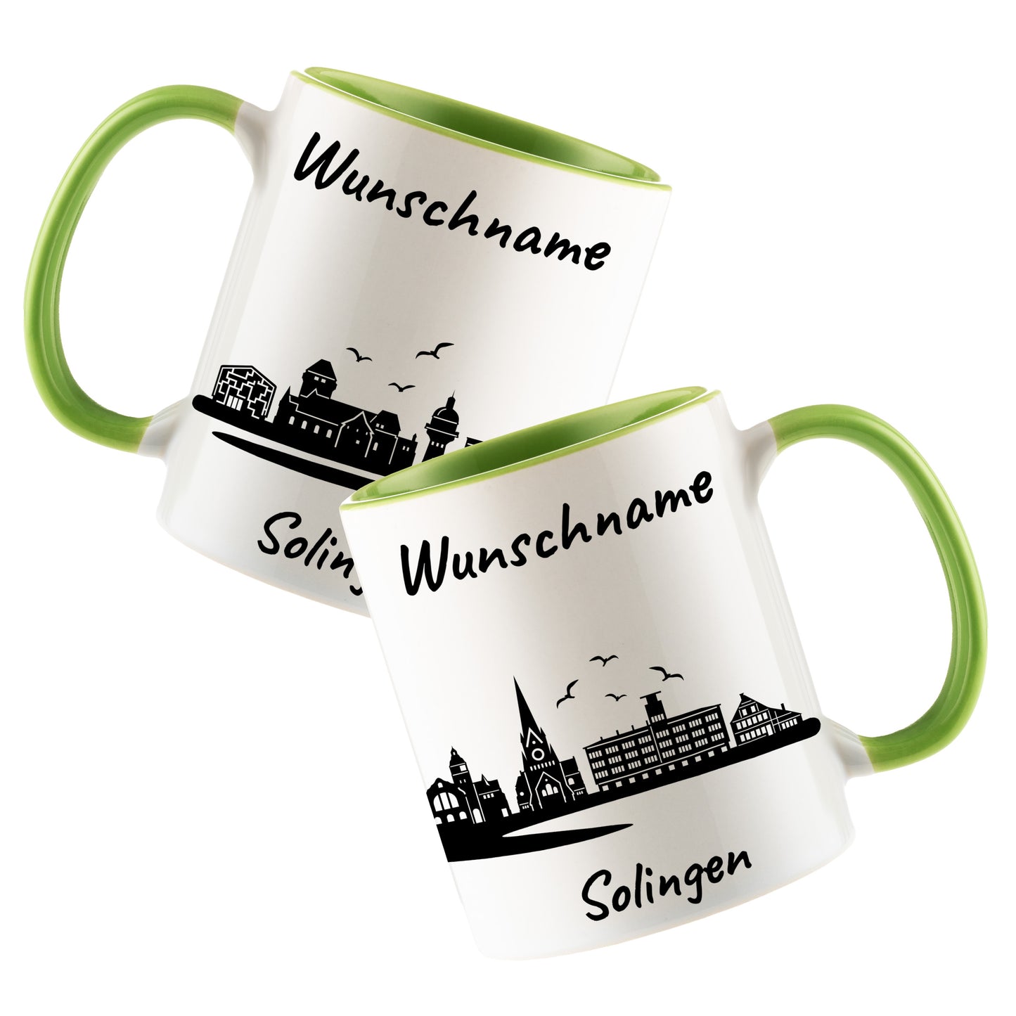 Tasse in Hellgrün 330ml bedruckt mit der Skyline von Solingen personalisierbar mit Wunschname