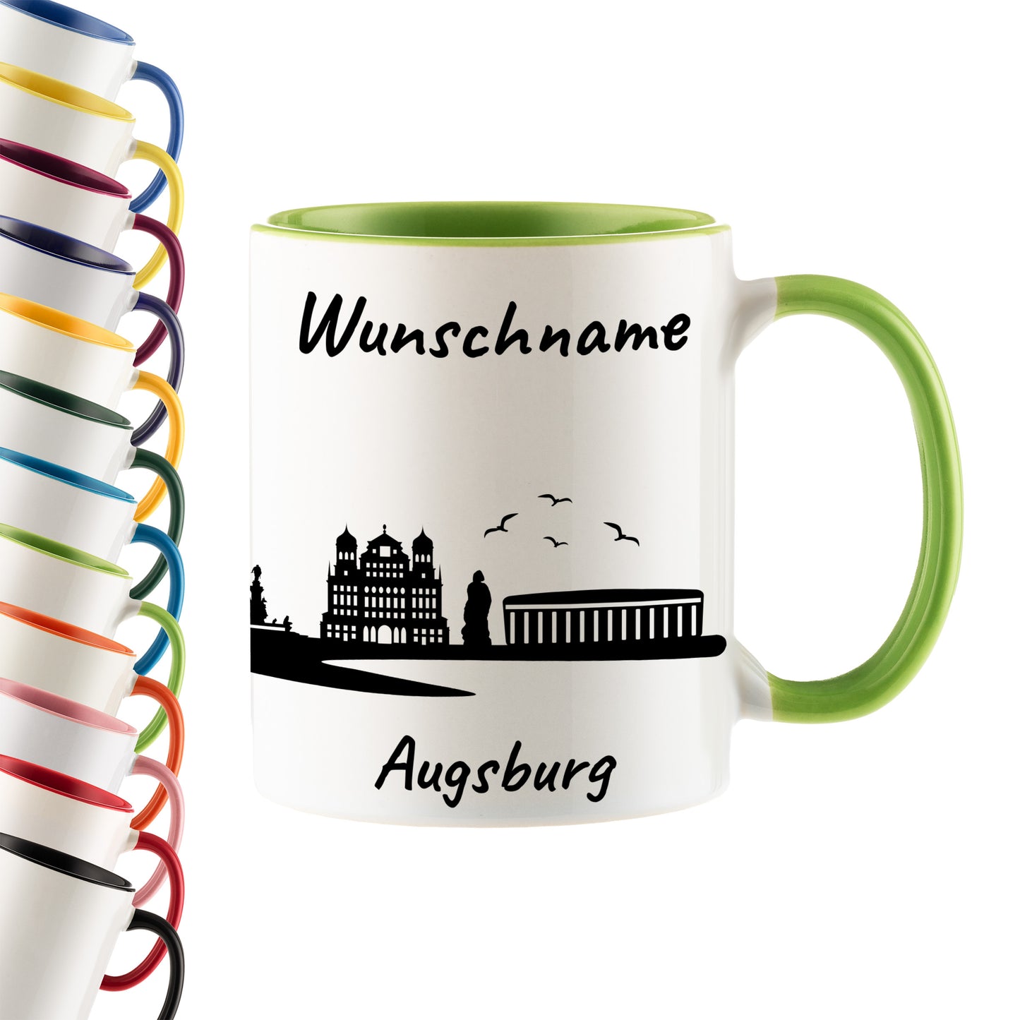 Tasse in Hellgrün 330ml bedruckt mit der Skyline von Augsburg personalisierbar mit Wunschname