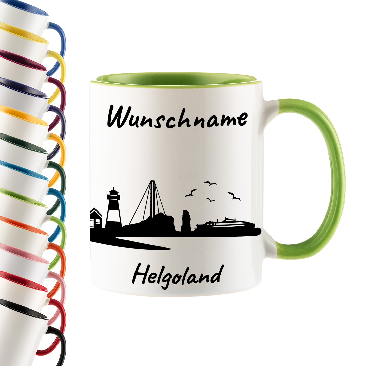 Tasse in Hellgrün 330ml bedruckt mit der Skyline von Helgoland personalisierbar mit Wunschname