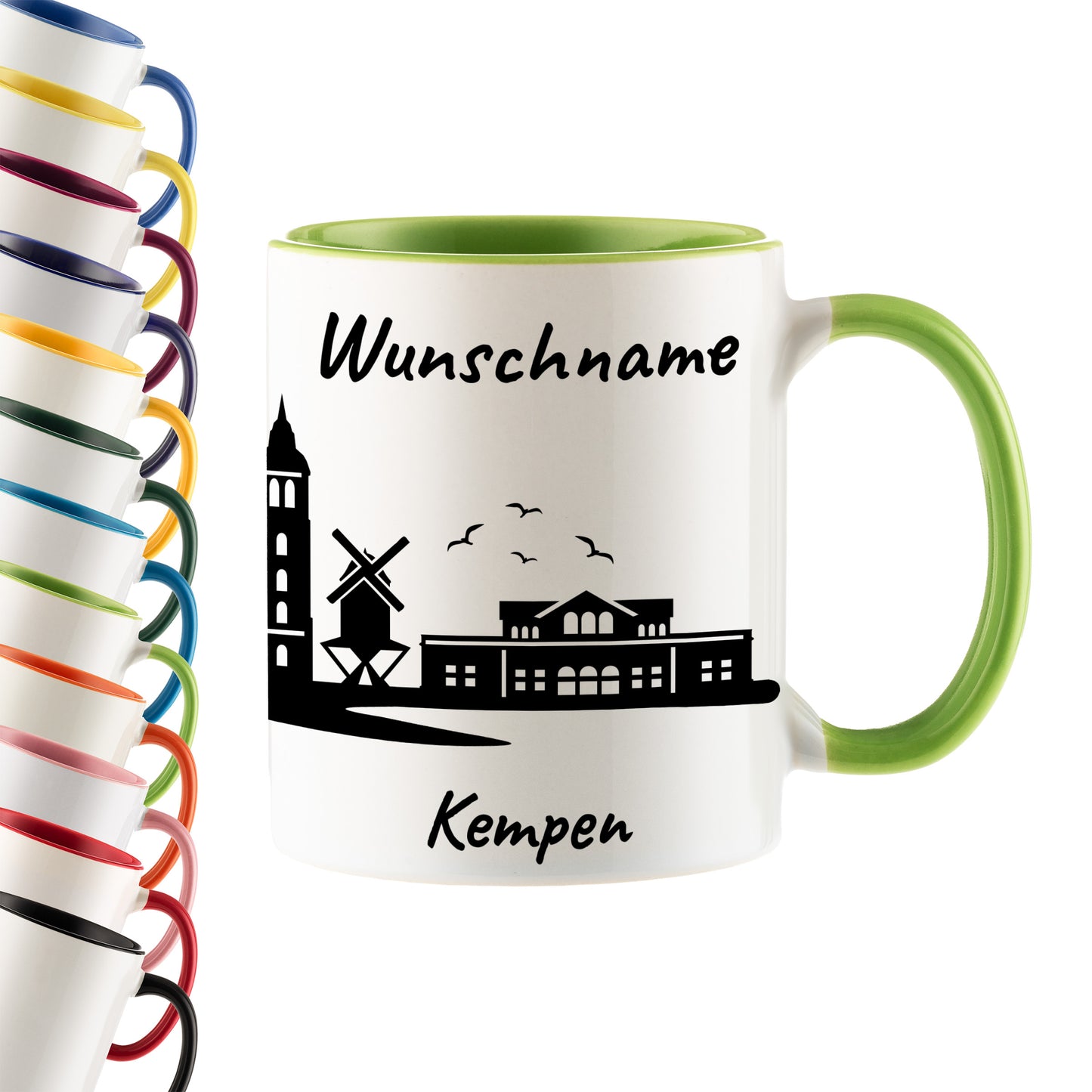 Tasse in Hellgrün 330ml bedruckt mit der Skyline von Kempen personalisierbar mit Wunschname