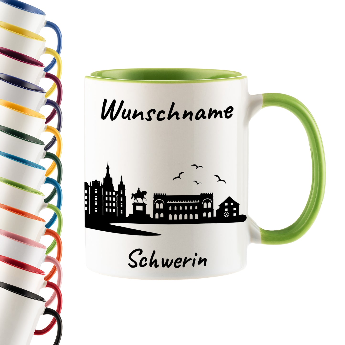 Tasse in Hellgrün 330ml bedruckt mit der Skyline von Schwerin personalisierbar mit Wunschname