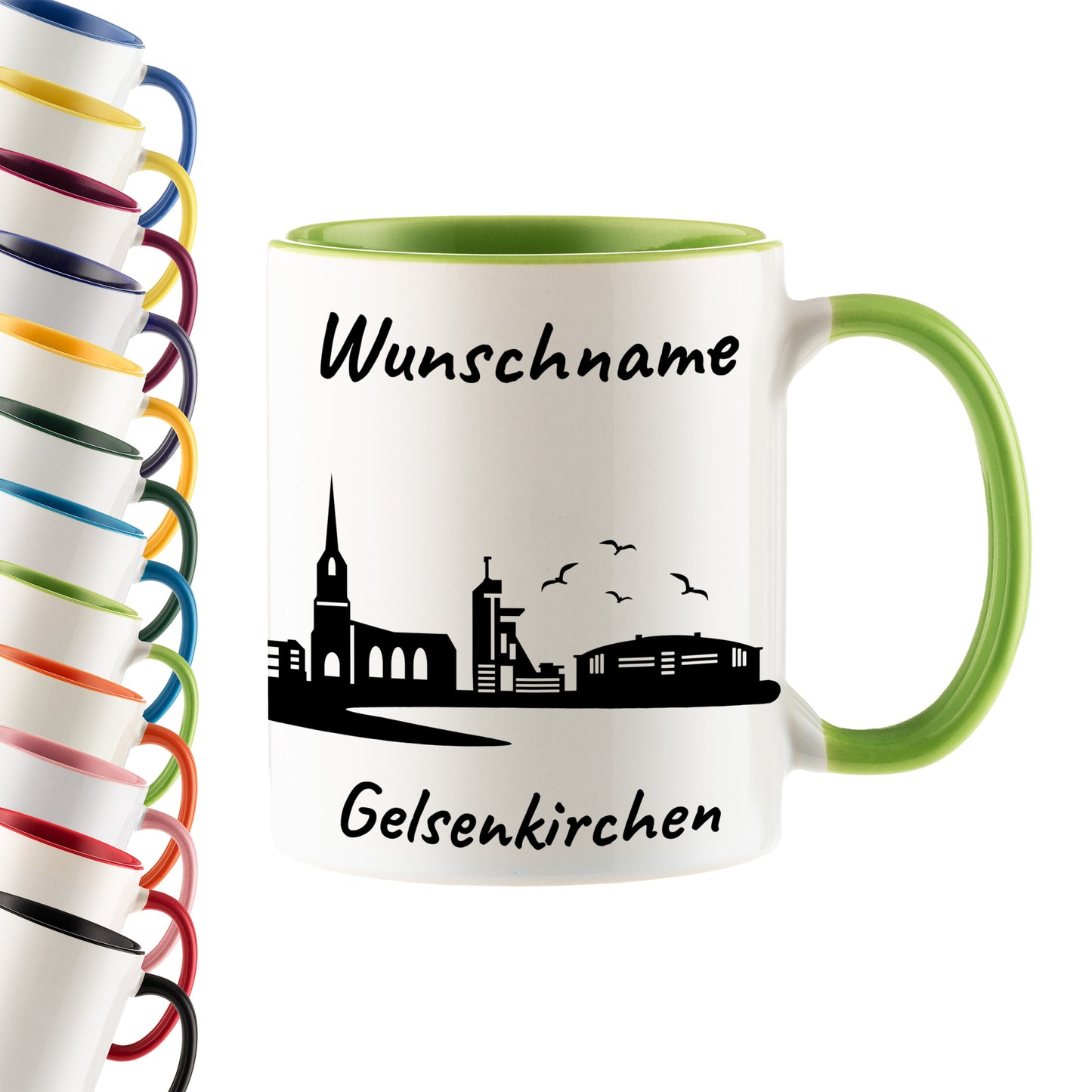 Tasse in Hellgrün 330ml bedruckt mit der Skyline von Gelsenkirchen personalisierbar mit Wunschname