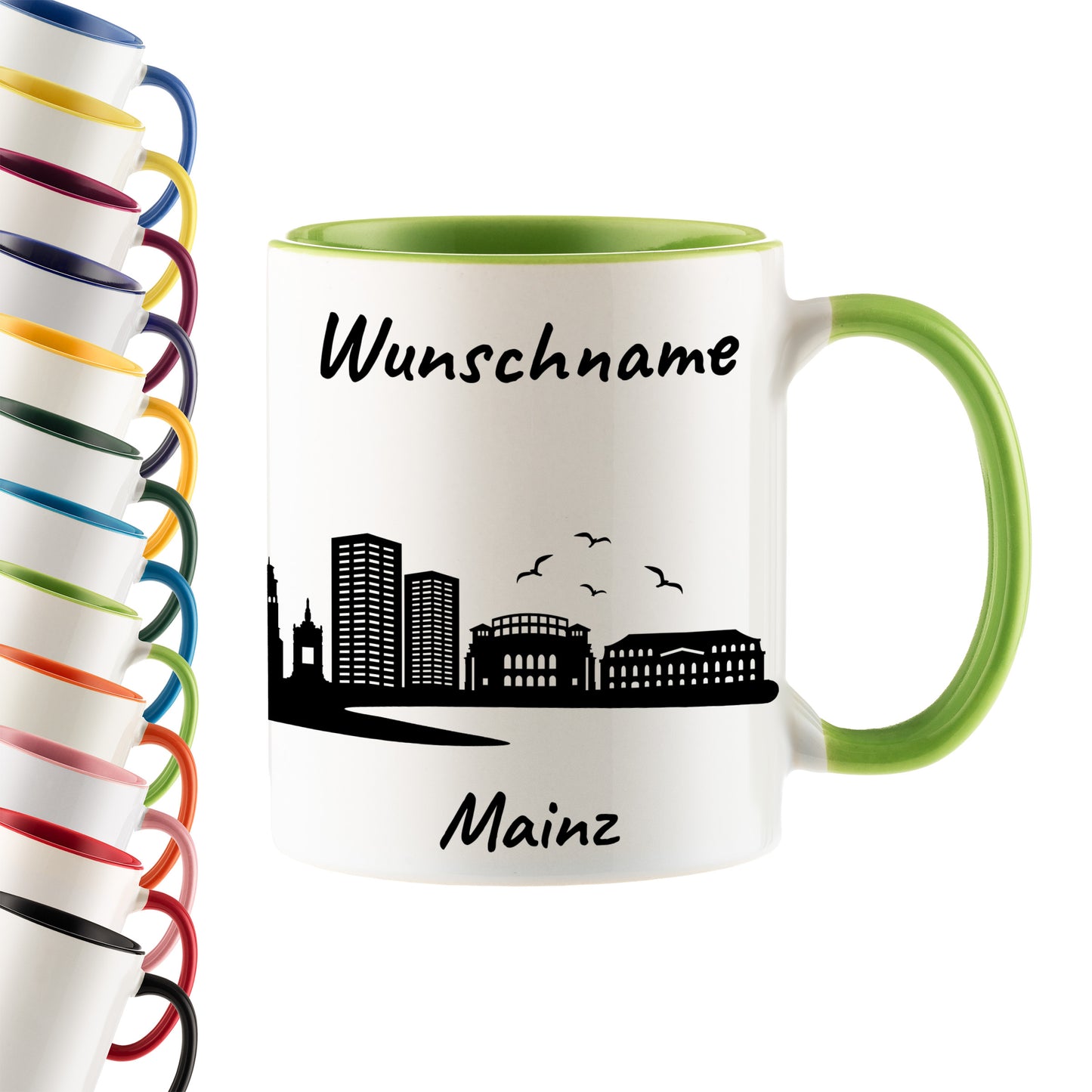 Tasse in Hellgrün 330ml bedruckt mit der Skyline von Mainz personalisierbar mit Wunschname