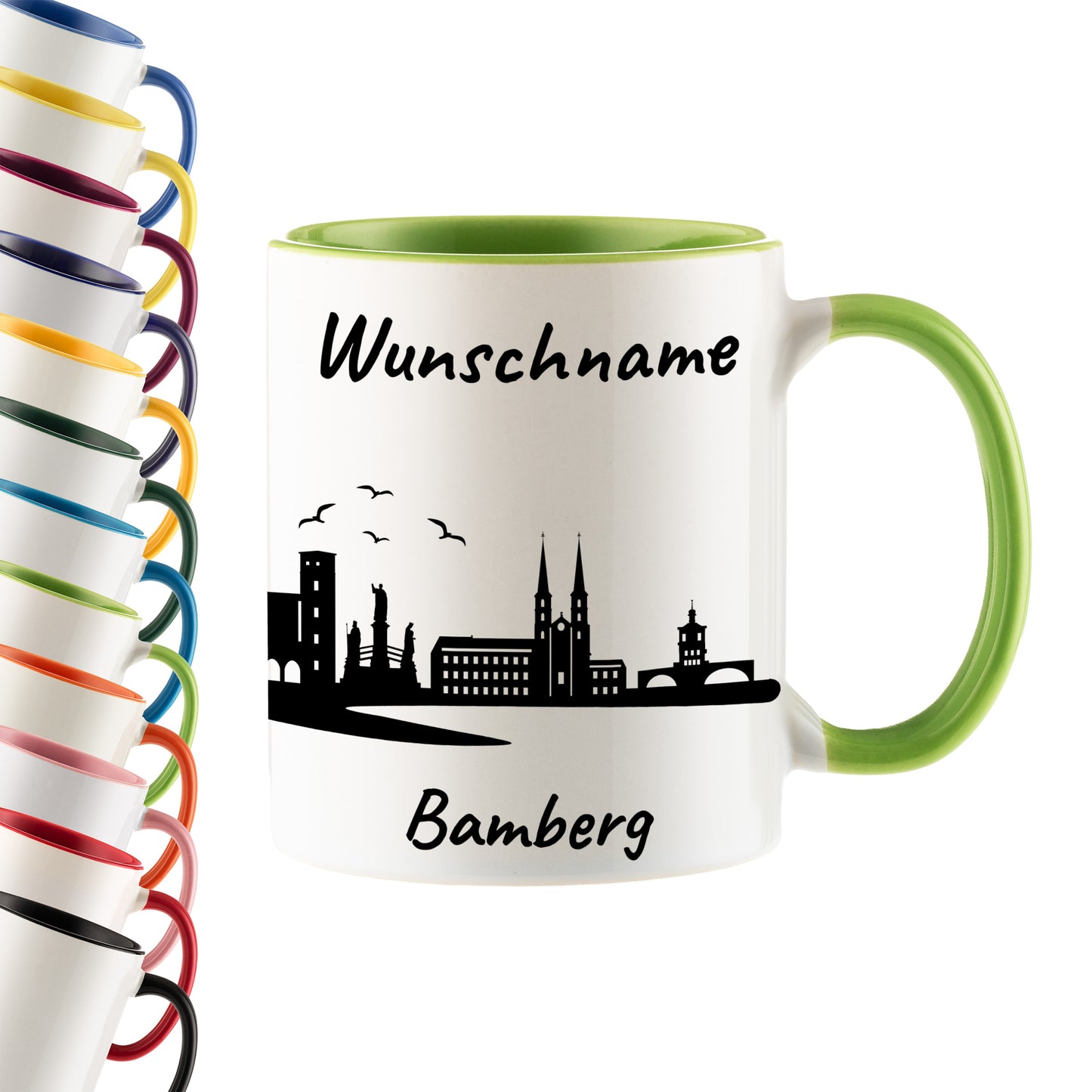 Tasse in Hellgrün 330ml bedruckt mit der Skyline von Bamberg personalisierbar mit Wunschname