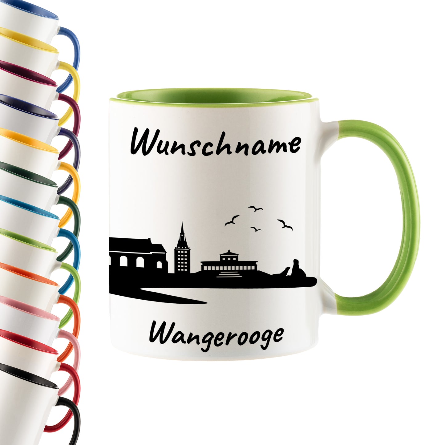 Tasse in Hellgrün 330ml bedruckt mit der Skyline von Wangerooge personalisierbar mit Wunschname