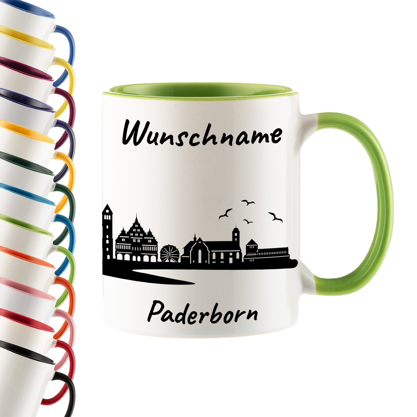 Tasse in Hellgrün 330ml bedruckt mit der Skyline von Paderborn personalisierbar mit Wunschname