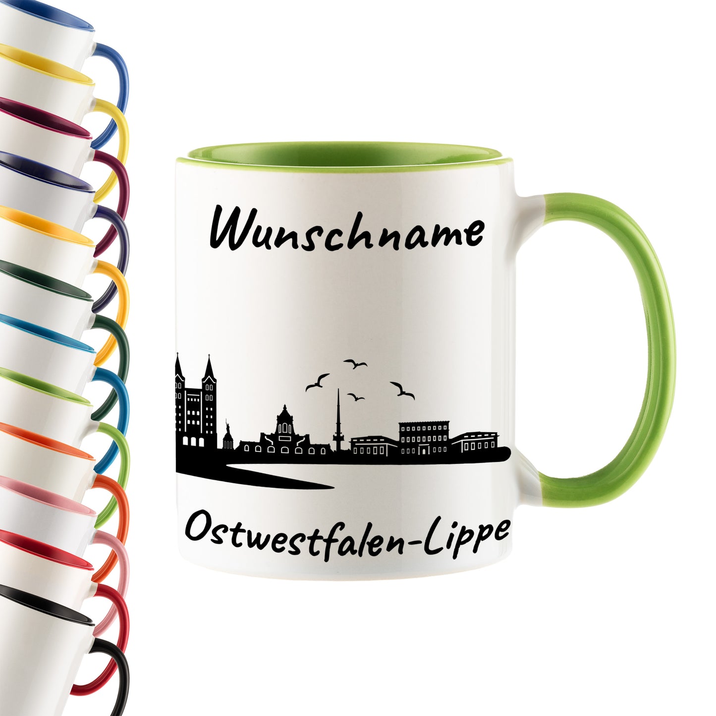 Tasse in Hellgrün 330ml bedruckt mit der Skyline von Ostwestfalen-Lippe personalisierbar mit Wunschname