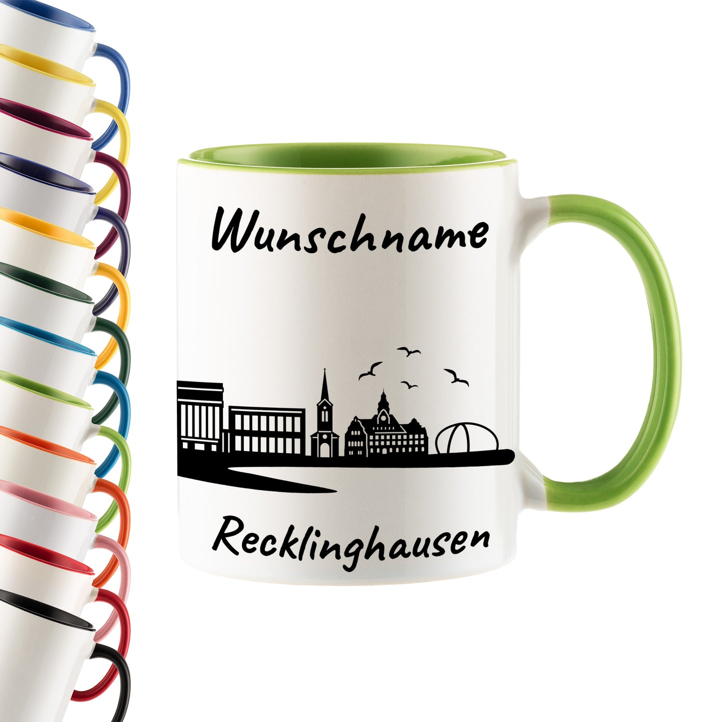 Tasse in Hellgrün 330ml bedruckt mit der Skyline von Recklinghausen personalisierbar mit Wunschname