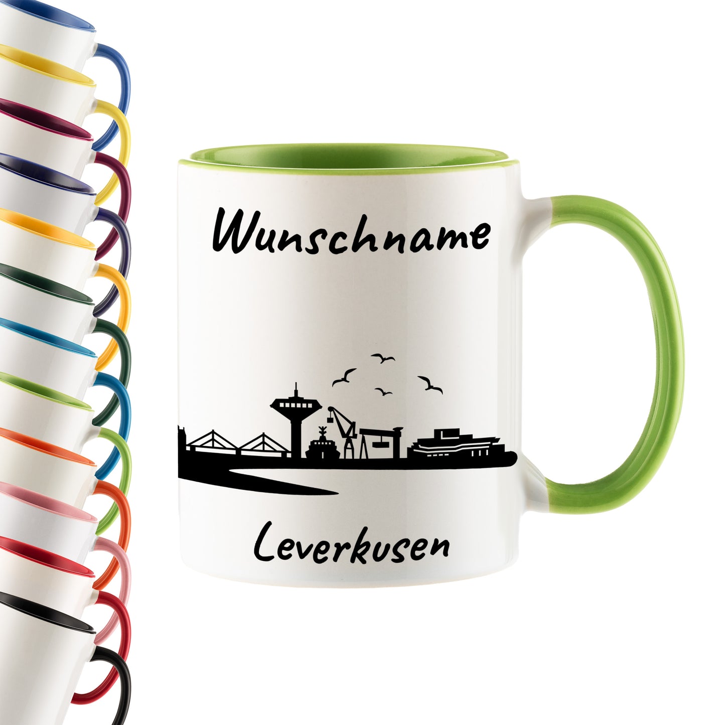 Tasse in Hellgrün 330ml bedruckt mit der Skyline von Leverkusen personalisierbar mit Wunschname