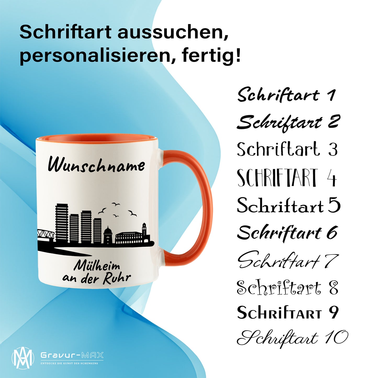 Tasse in Orange 330ml bedruckt mit der Skyline von Mülheim an der Ruhr personalisierbar mit Wunschname