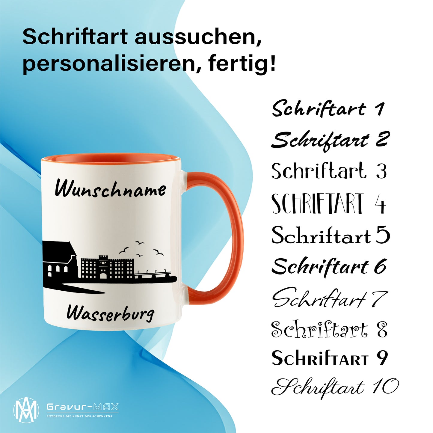 Tasse in Orange 330ml bedruckt mit der Skyline von Wasserburg personalisierbar mit Wunschname
