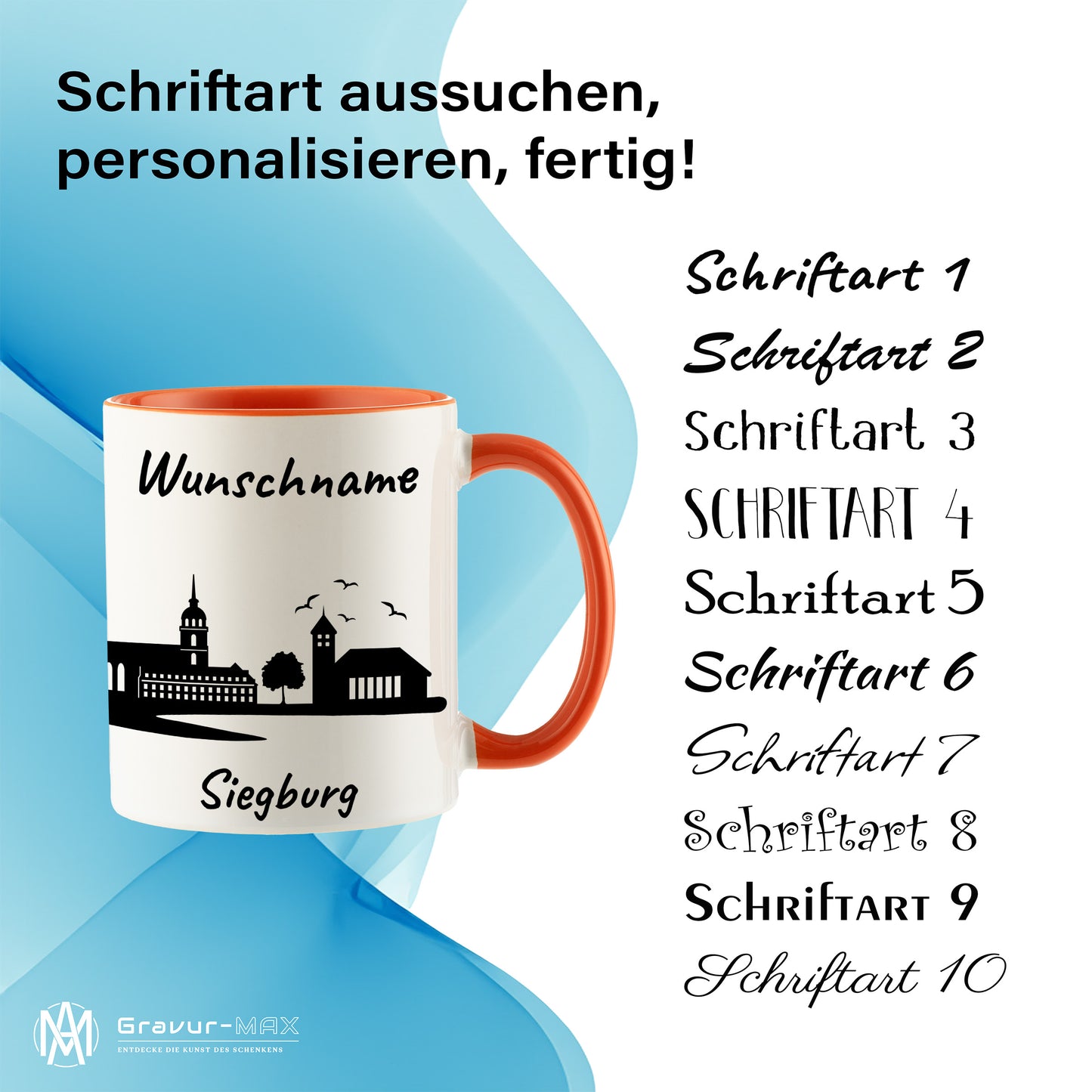 Tasse in Orange 330ml bedruckt mit der Skyline von Siegburg personalisierbar mit Wunschname