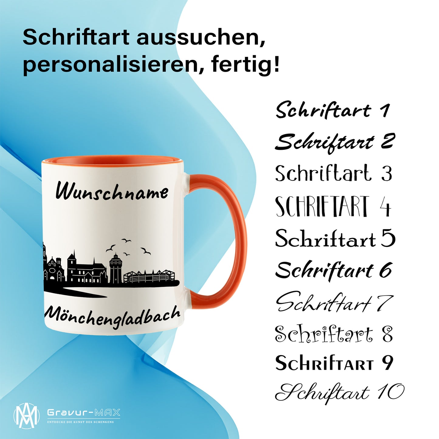 Tasse in Orange 330ml bedruckt mit der Skyline von Mönchengladbach personalisierbar mit Wunschname