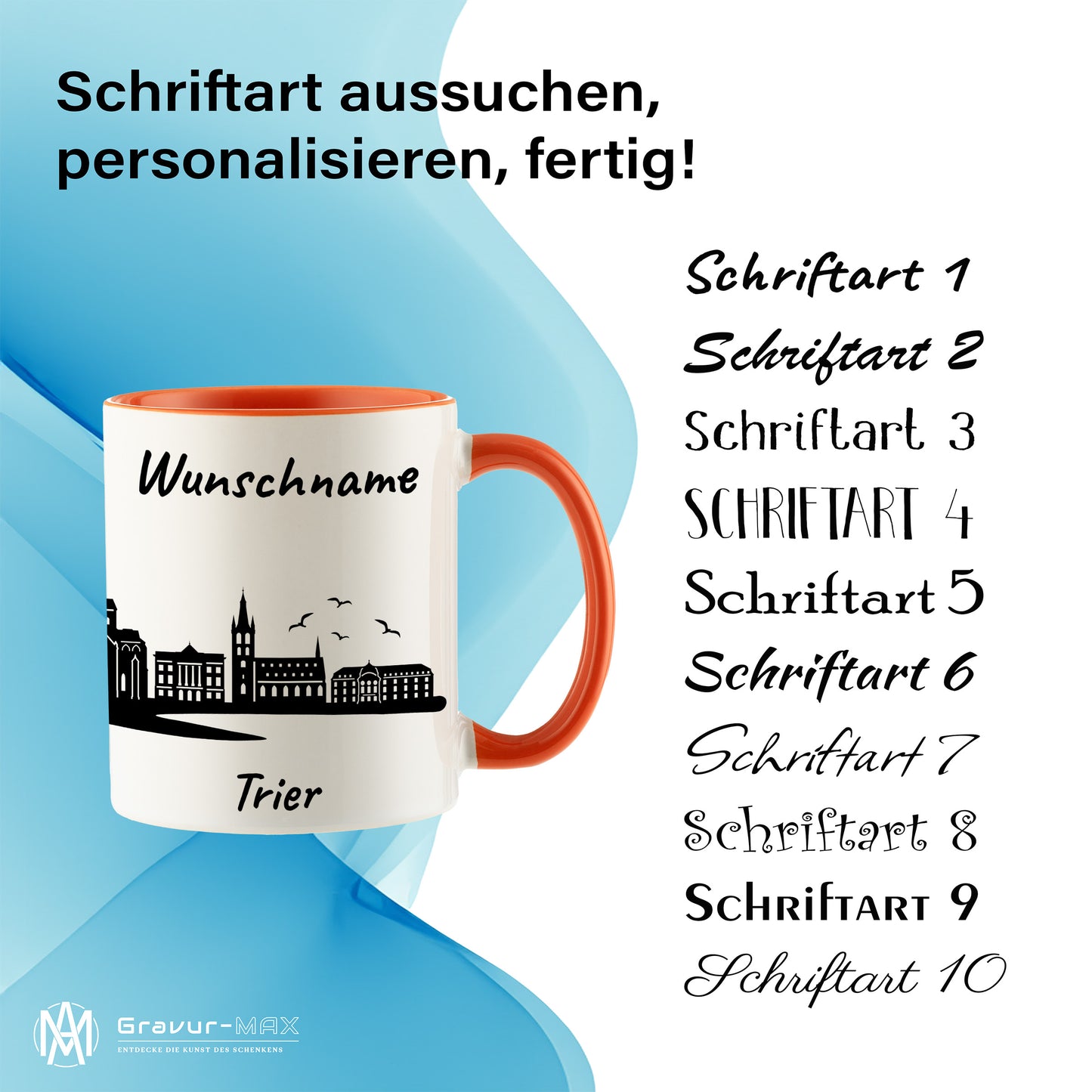Tasse in Orange 330ml bedruckt mit der Skyline von Trier personalisierbar mit Wunschname