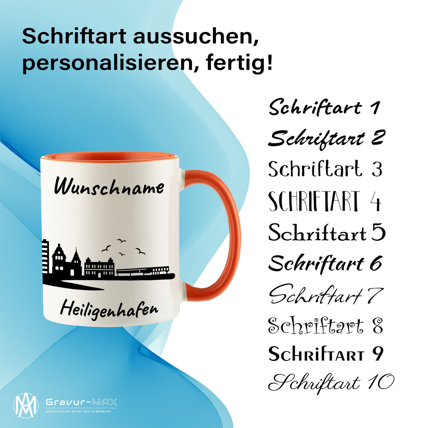 Tasse in Orange 330ml bedruckt mit der Skyline von Heiligenhafen personalisierbar mit Wunschname