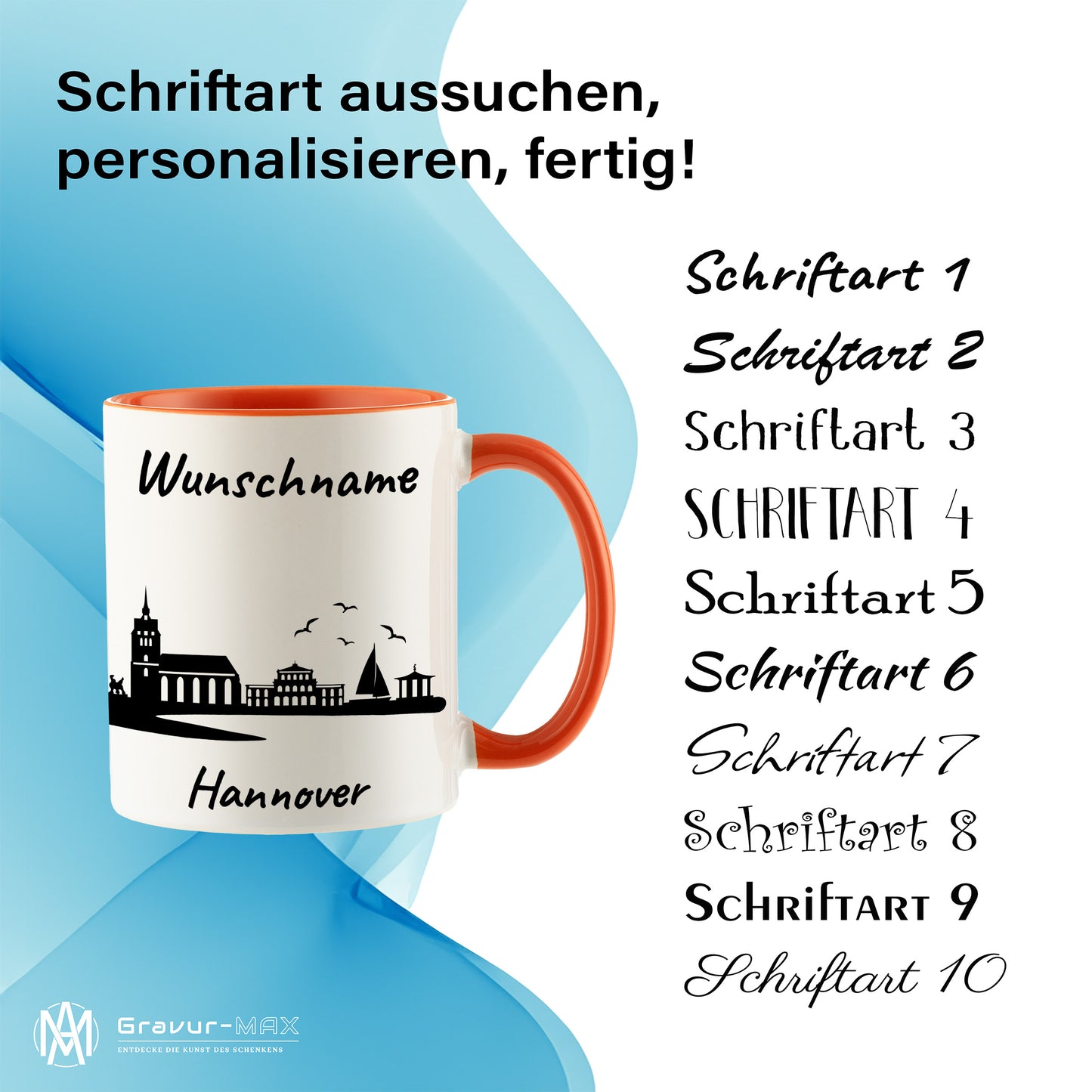 Tasse in Orange 330ml bedruckt mit der Skyline von Hannover personalisierbar mit Wunschname