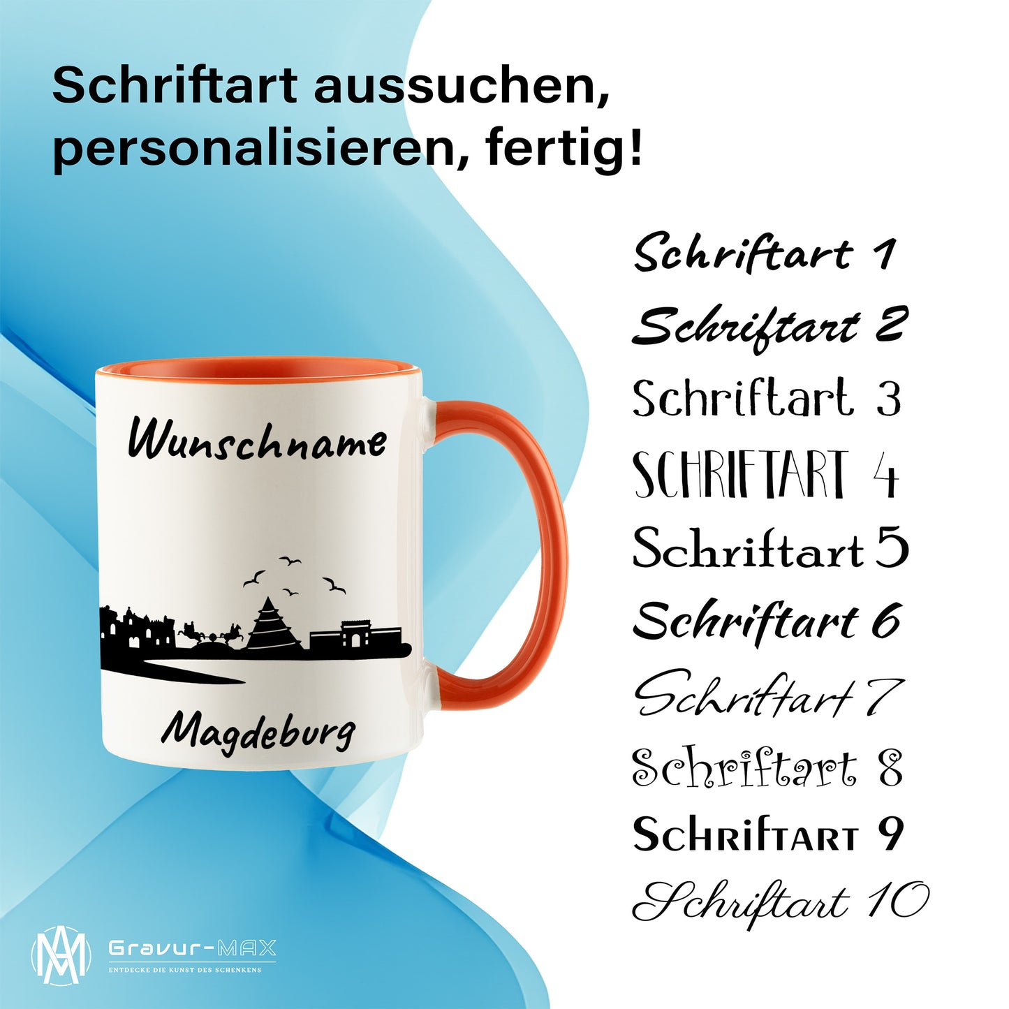 Tasse in Orange 330ml bedruckt mit der Skyline von Magdeburg personalisierbar mit Wunschname