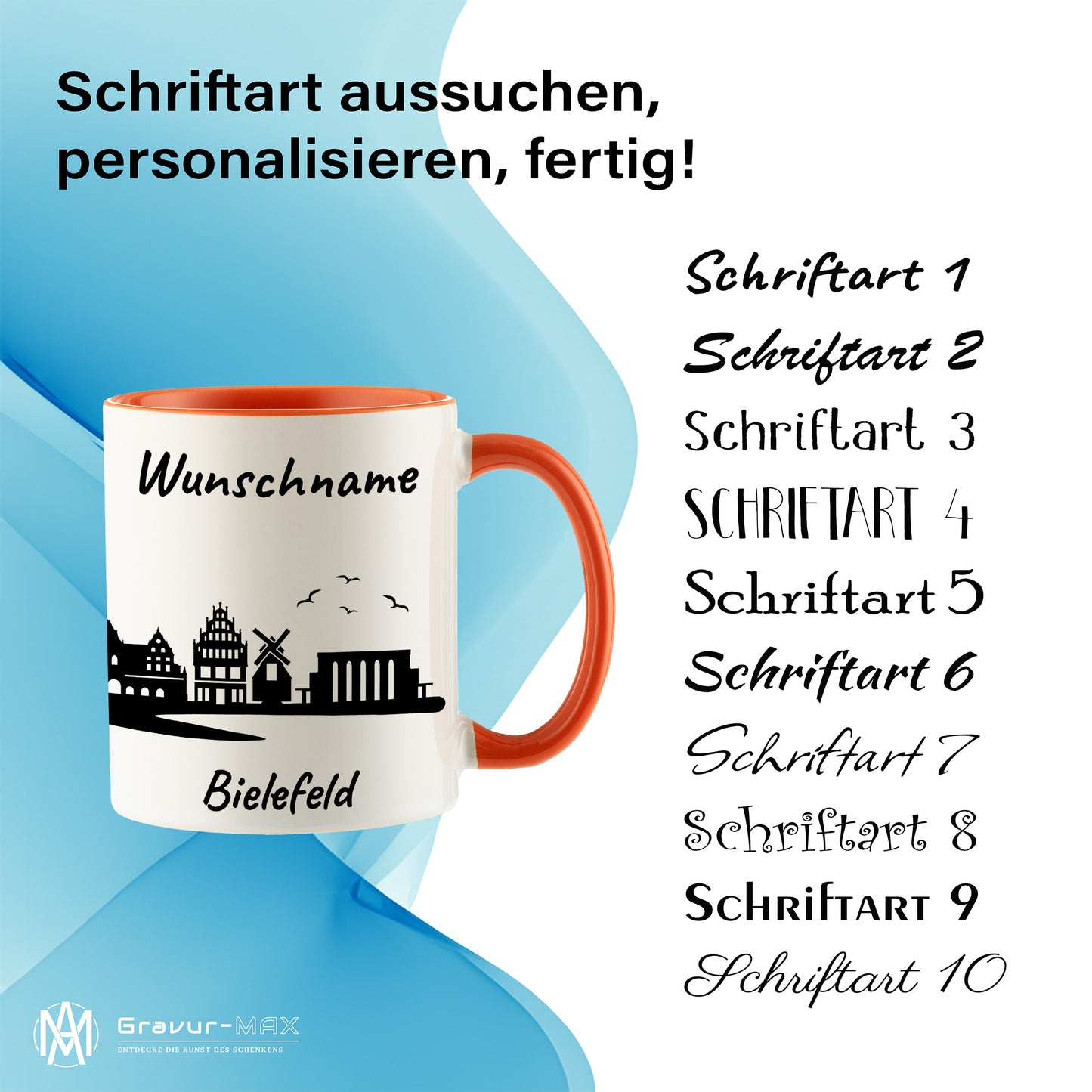 Tasse in Orange 330ml bedruckt mit der Skyline von Bielefeld personalisierbar mit Wunschname