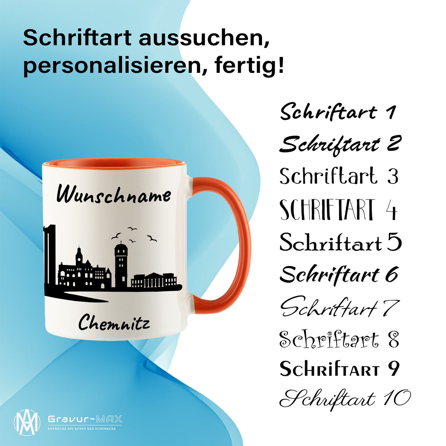 Tasse in Orange 330ml bedruckt mit der Skyline von Chemnitz personalisierbar mit Wunschname