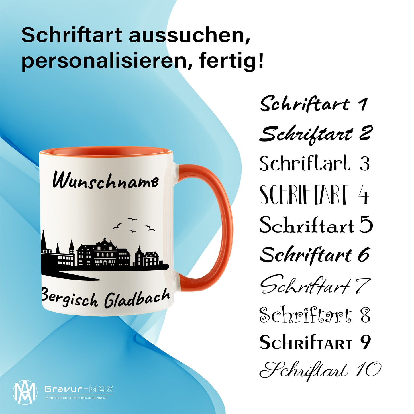 Tasse in Orange 330ml bedruckt mit der Skyline von Bergisch Gladbach personalisierbar mit Wunschname