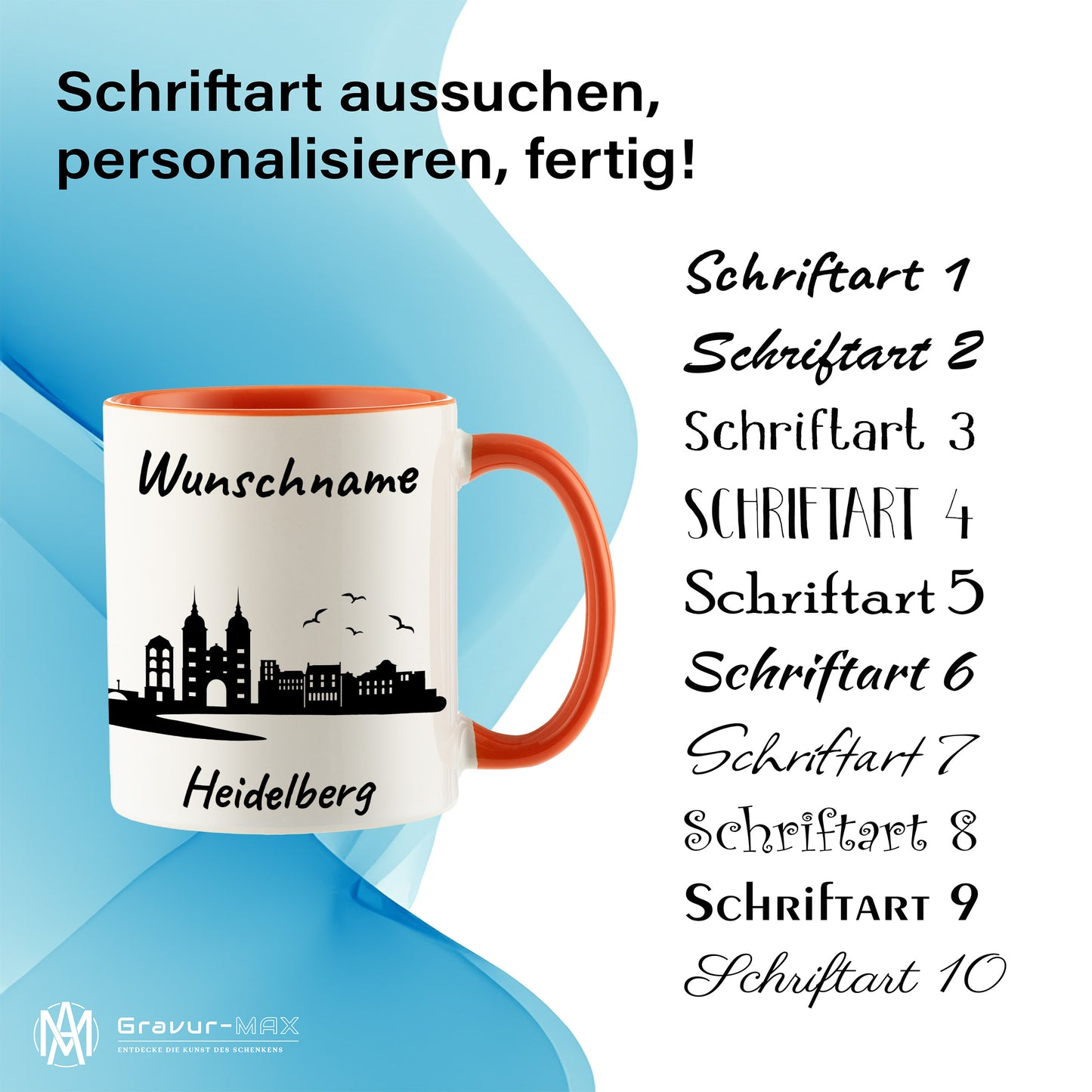 Tasse in Orange 330ml bedruckt mit der Skyline von Heidelberg personalisierbar mit Wunschname