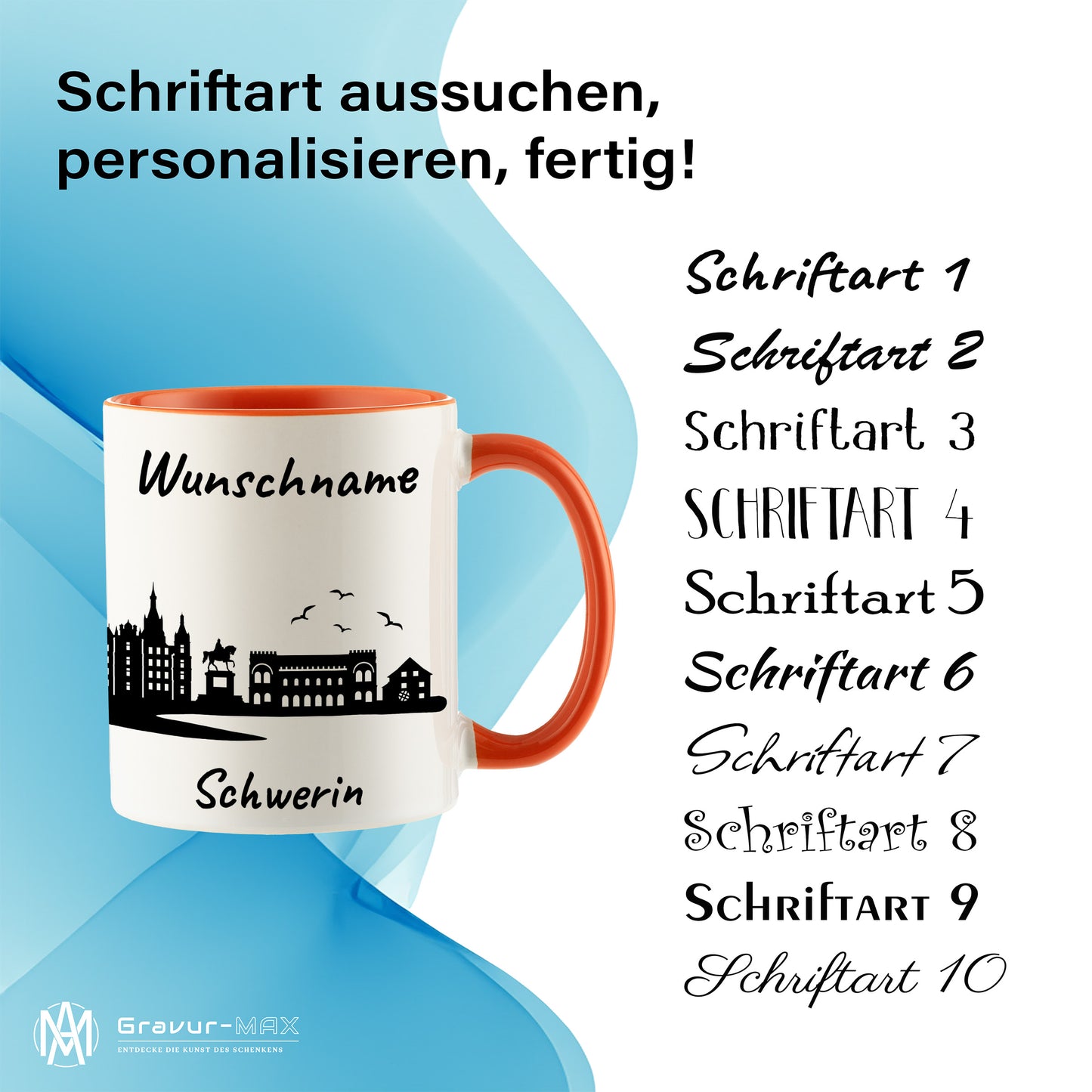 Tasse in Orange 330ml bedruckt mit der Skyline von Schwerin personalisierbar mit Wunschname