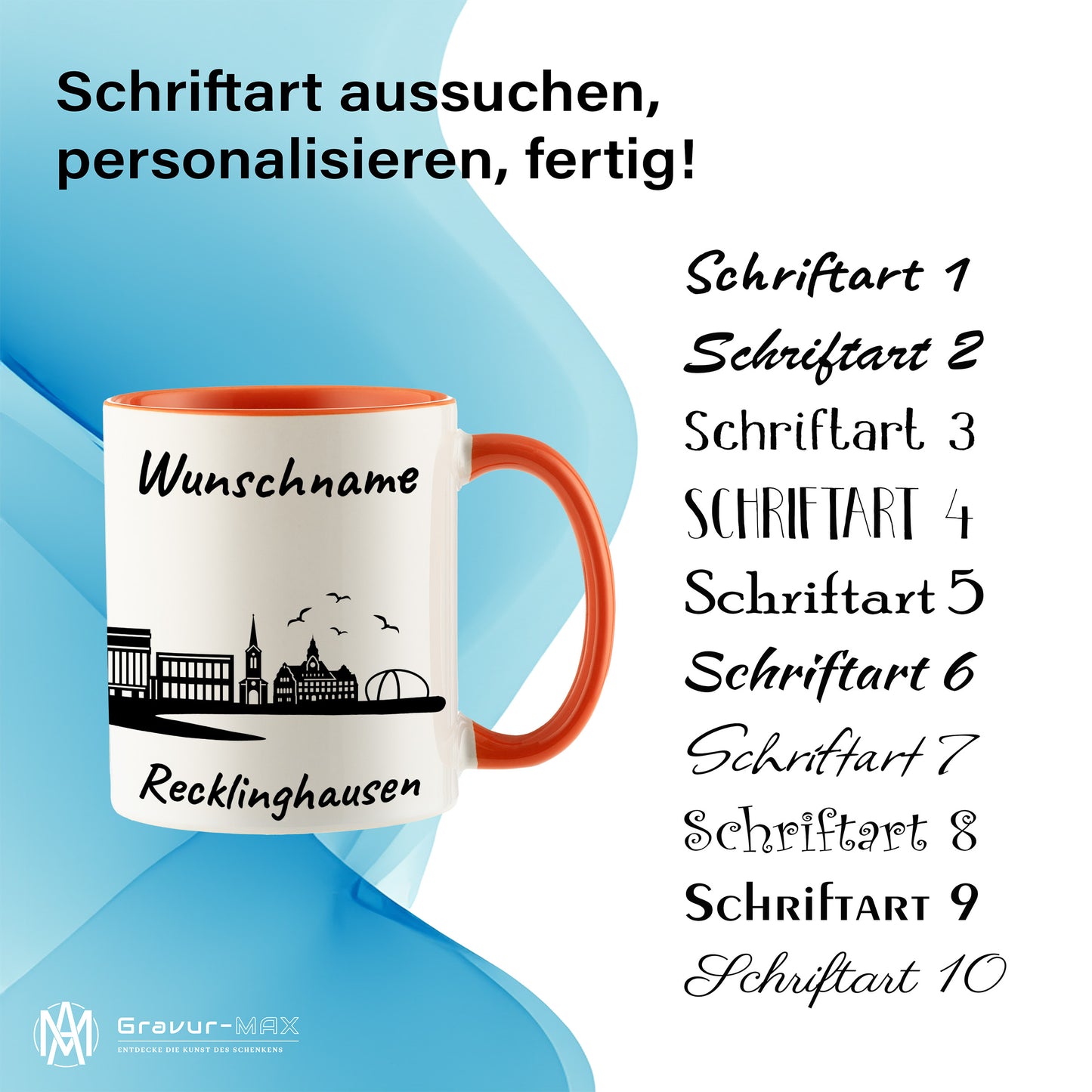 Tasse in Orange 330ml bedruckt mit der Skyline von Recklinghausen personalisierbar mit Wunschname