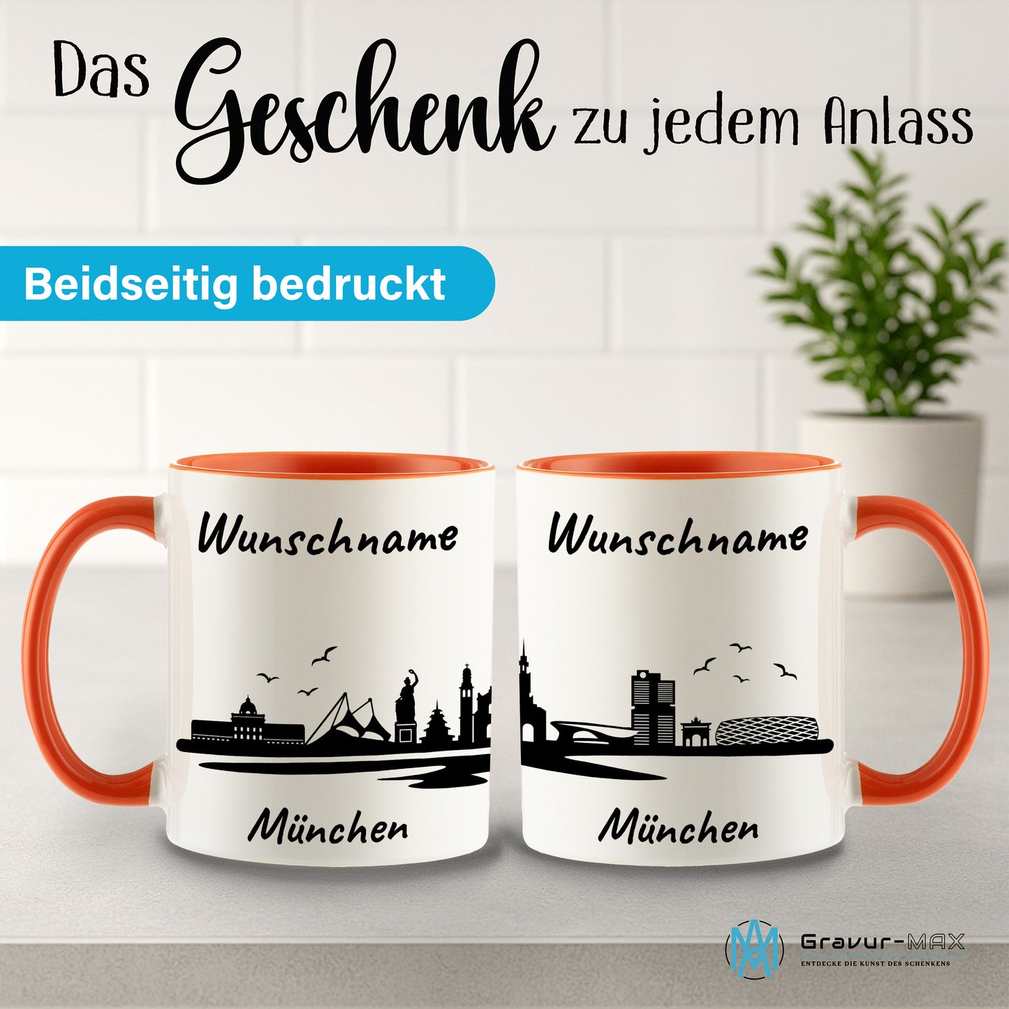 Tasse in Orange 330ml bedruckt mit der Skyline von München personalisierbar mit Wunschname