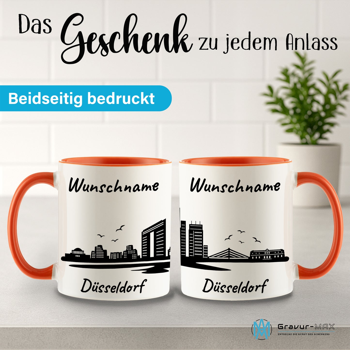 Tasse in Orange 330ml bedruckt mit der Skyline von Düsseldorf personalisierbar mit Wunschname