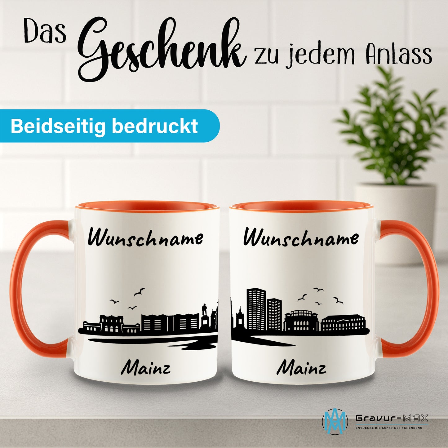 Tasse in Orange 330ml bedruckt mit der Skyline von Mainz personalisierbar mit Wunschname