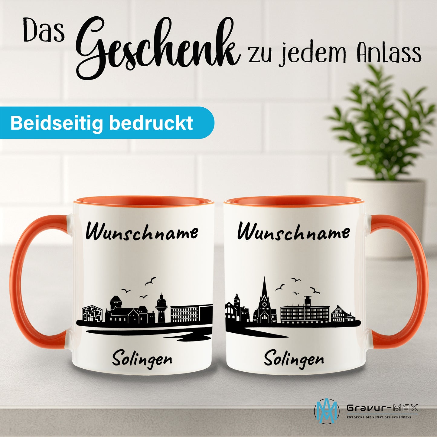 Tasse in Orange 330ml bedruckt mit der Skyline von Solingen personalisierbar mit Wunschname