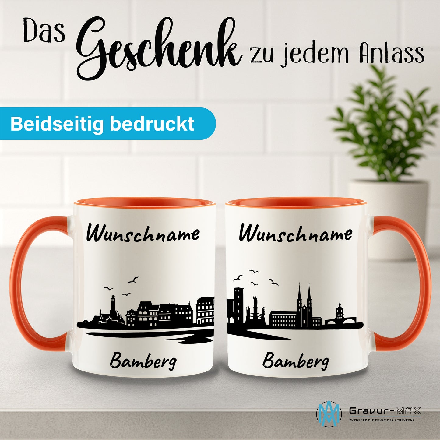 Tasse in Orange 330ml bedruckt mit der Skyline von Bamberg personalisierbar mit Wunschname