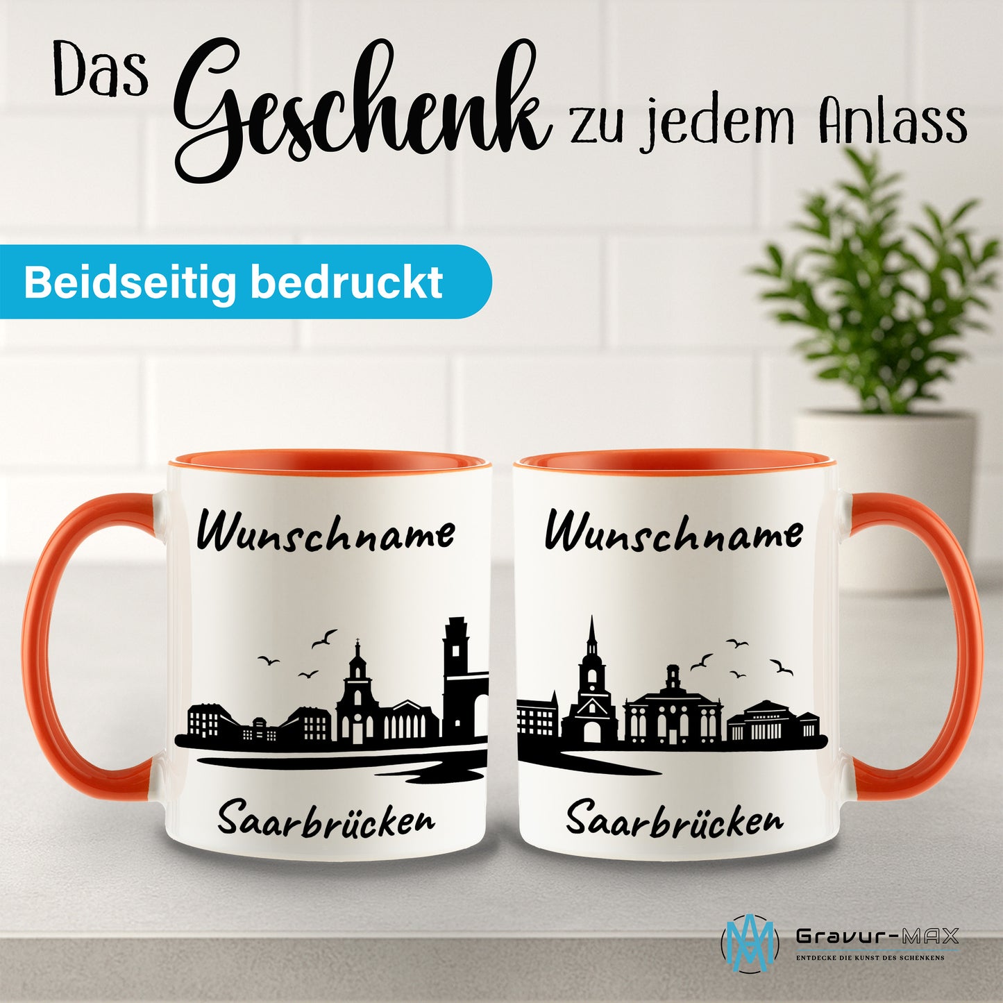 Tasse in Orange 330ml bedruckt mit der Skyline von Saarbrücken personalisierbar mit Wunschname