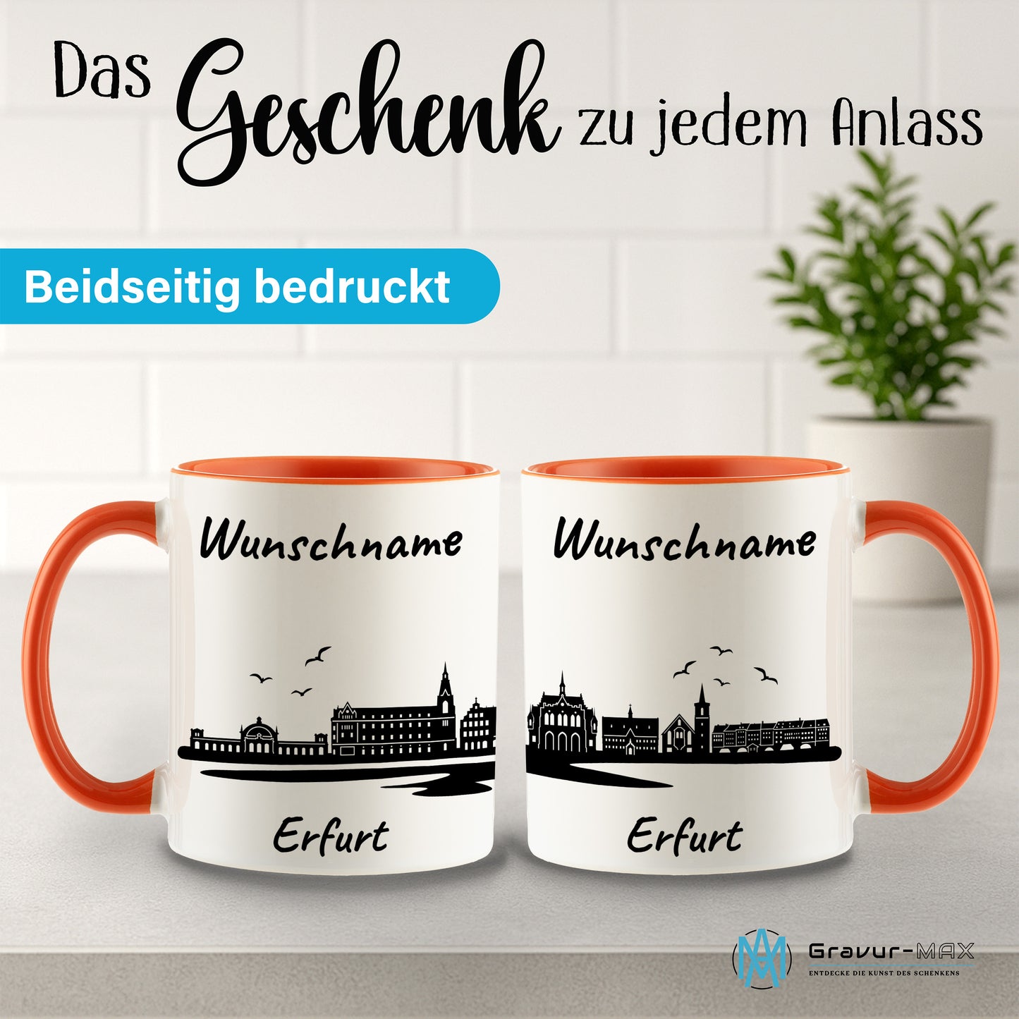 Tasse in Orange 330ml bedruckt mit der Skyline von Erfurt personalisierbar mit Wunschname