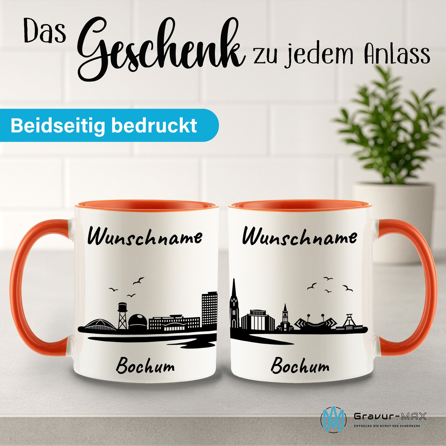 Tasse in Orange 330ml bedruckt mit der Skyline von Bochum personalisierbar mit Wunschname