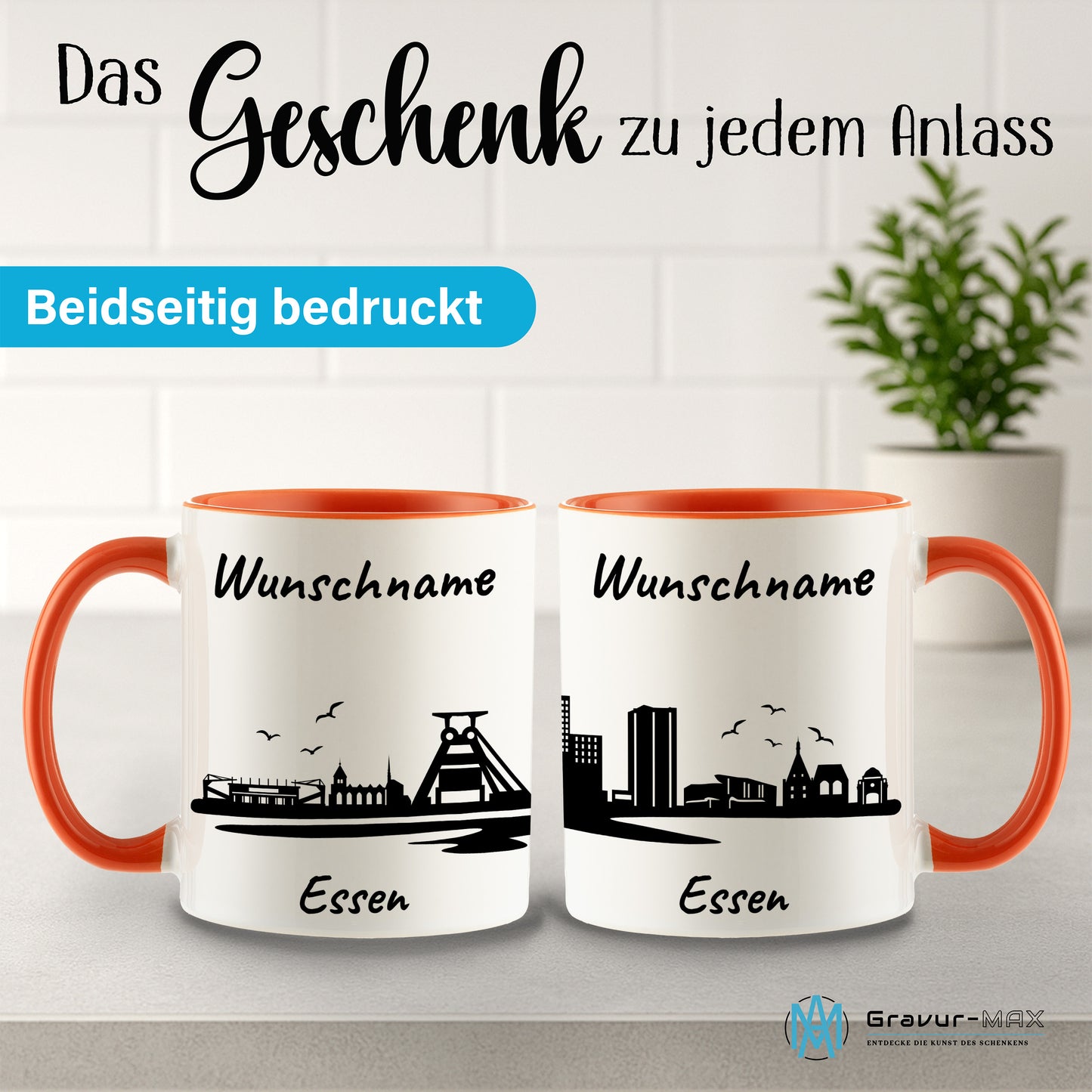 Tasse in Orange 330ml bedruckt mit der Skyline von Essen personalisierbar mit Wunschname