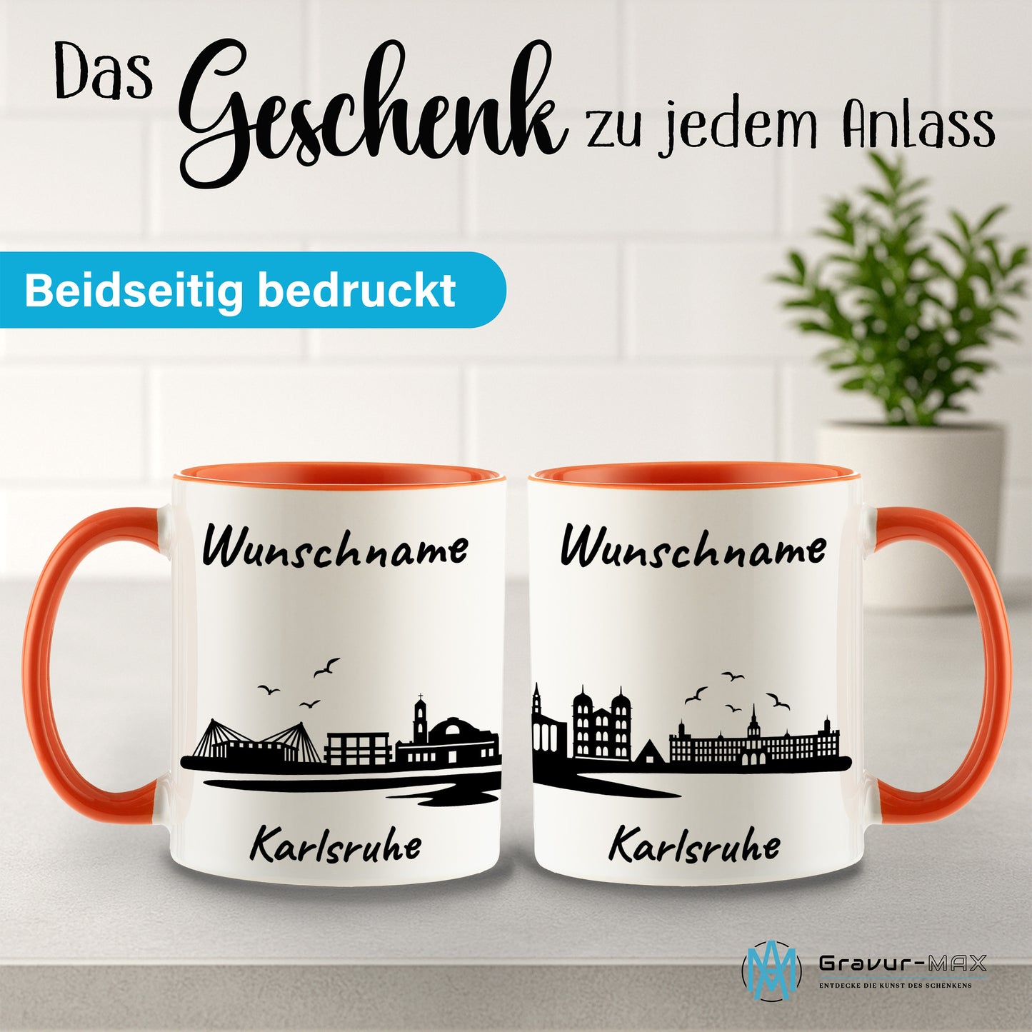 Tasse in Orange 330ml bedruckt mit der Skyline von Karlsruhe personalisierbar mit Wunschname