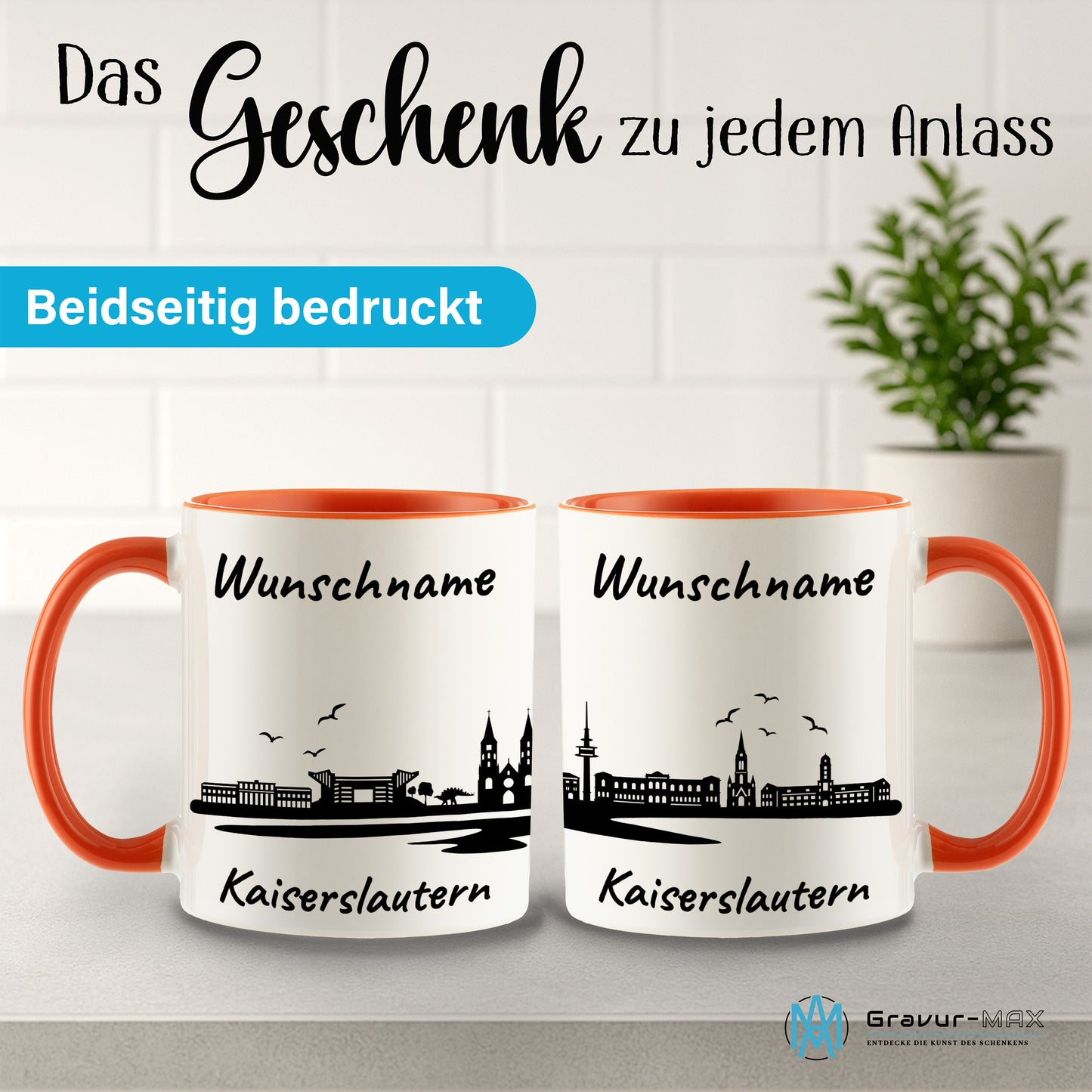 Tasse in Orange 330ml bedruckt mit der Skyline von Kaiserslautern personalisierbar mit Wunschname