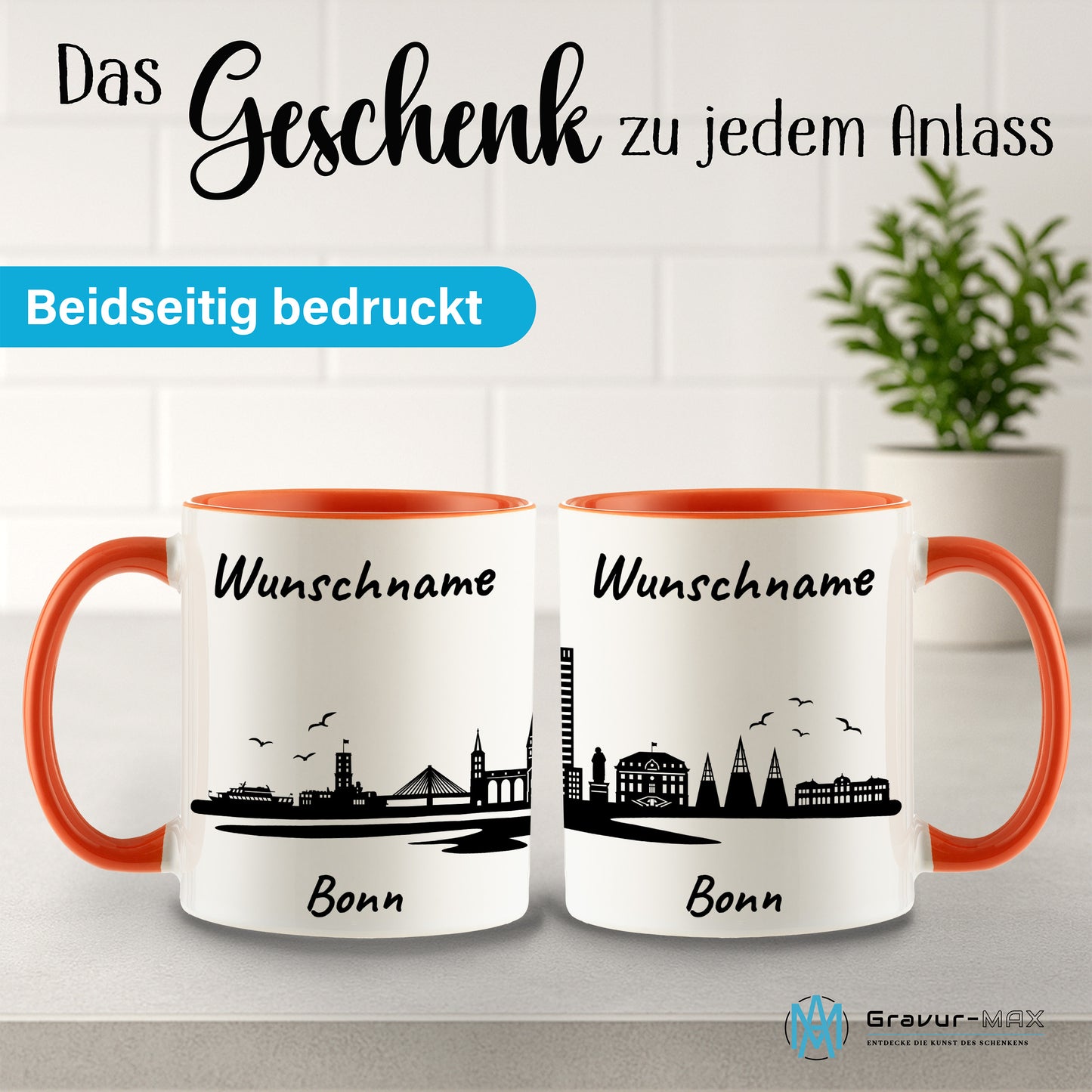 Tasse in Orange 330ml bedruckt mit der Skyline von Bonn personalisierbar mit Wunschname