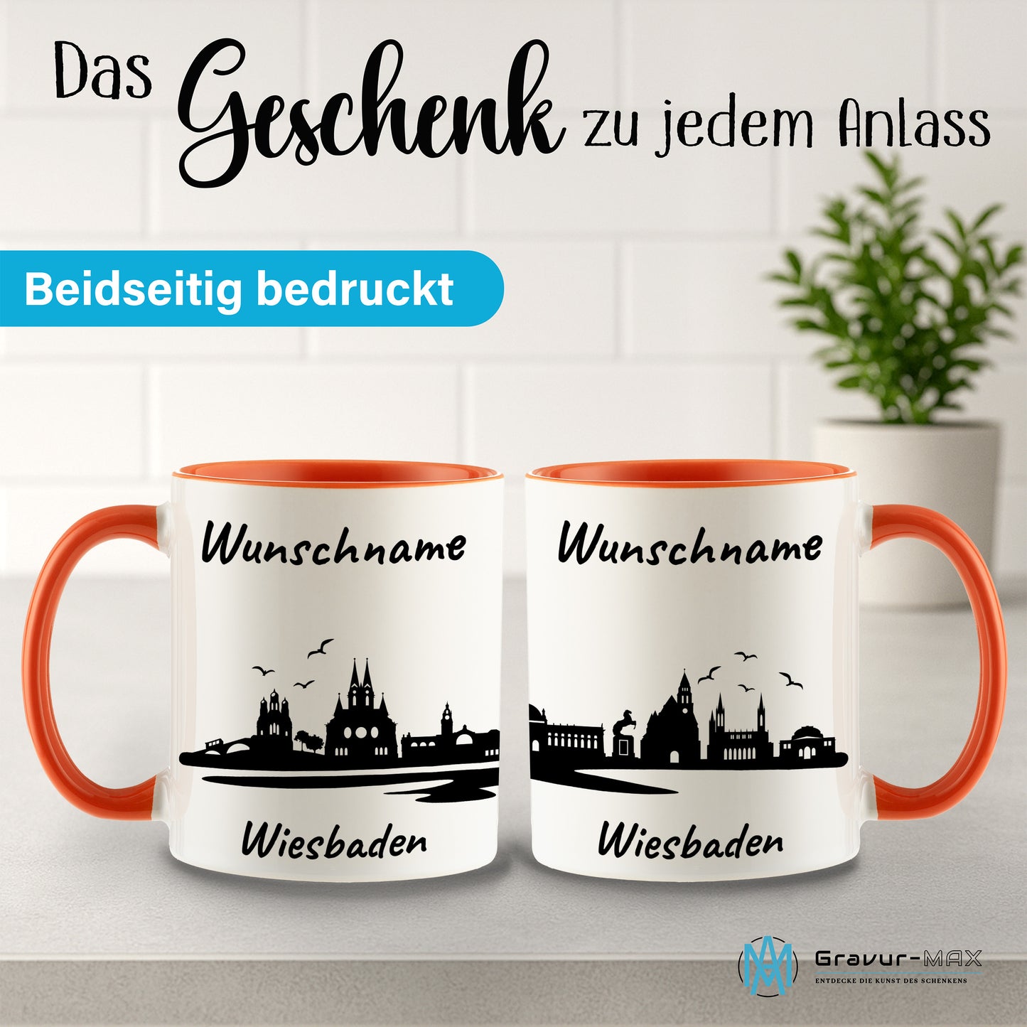 Tasse in Orange 330ml bedruckt mit der Skyline von Wiesbaden personalisierbar mit Wunschname