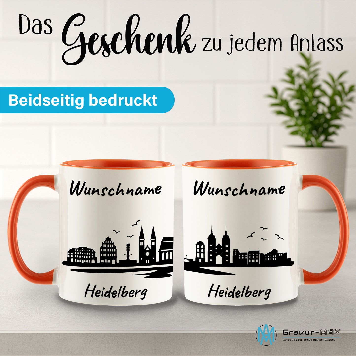 Tasse in Orange 330ml bedruckt mit der Skyline von Heidelberg personalisierbar mit Wunschname