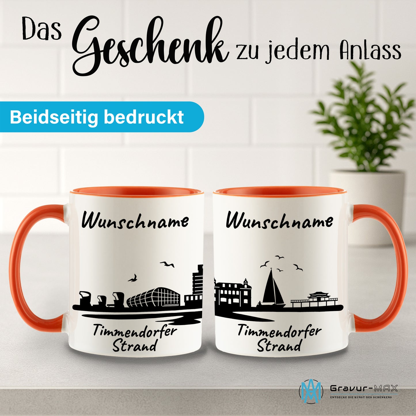 Tasse in Orange 330ml bedruckt mit der Skyline von Timmendorfer Strand personalisierbar mit Wunschname