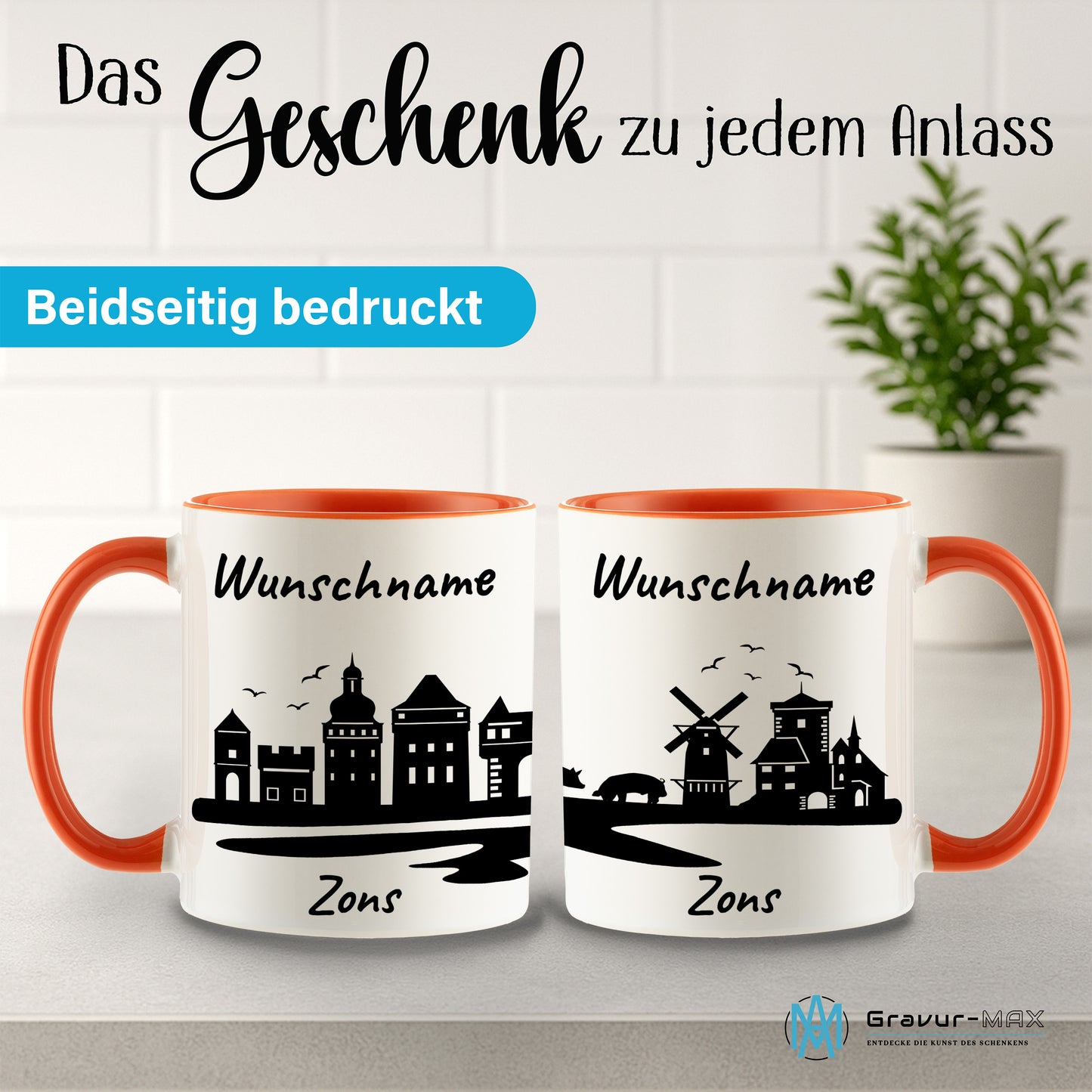 Tasse in Orange 330ml bedruckt mit der Skyline von Zons (Dormagen) personalisierbar mit Wunschname