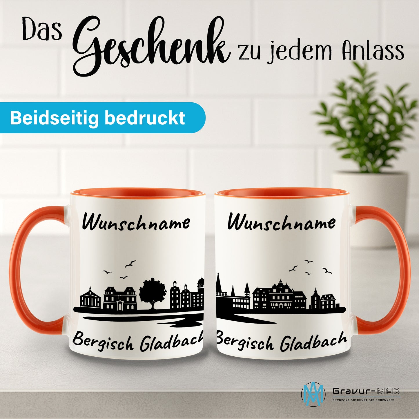 Tasse in Orange 330ml bedruckt mit der Skyline von Bergisch Gladbach personalisierbar mit Wunschname