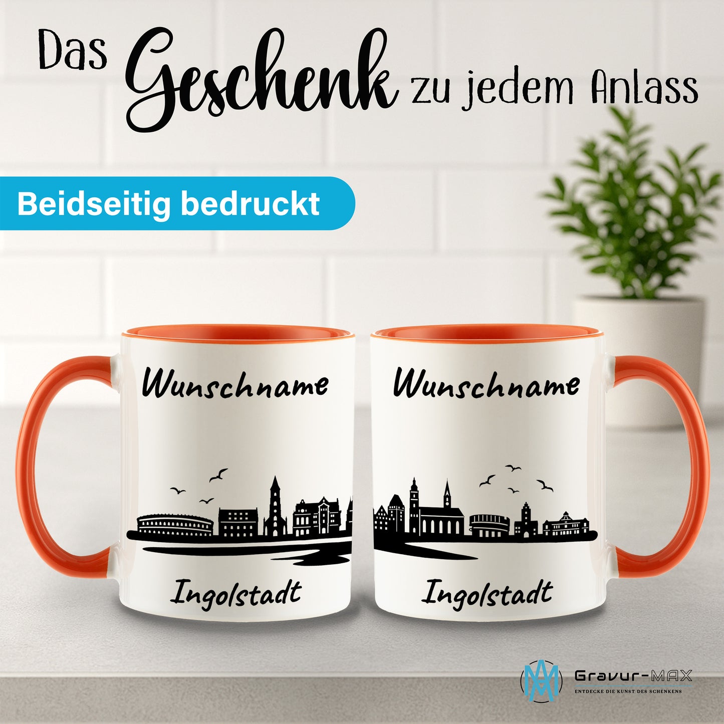 Tasse in Orange 330ml bedruckt mit der Skyline von Ingolstadt personalisierbar mit Wunschname