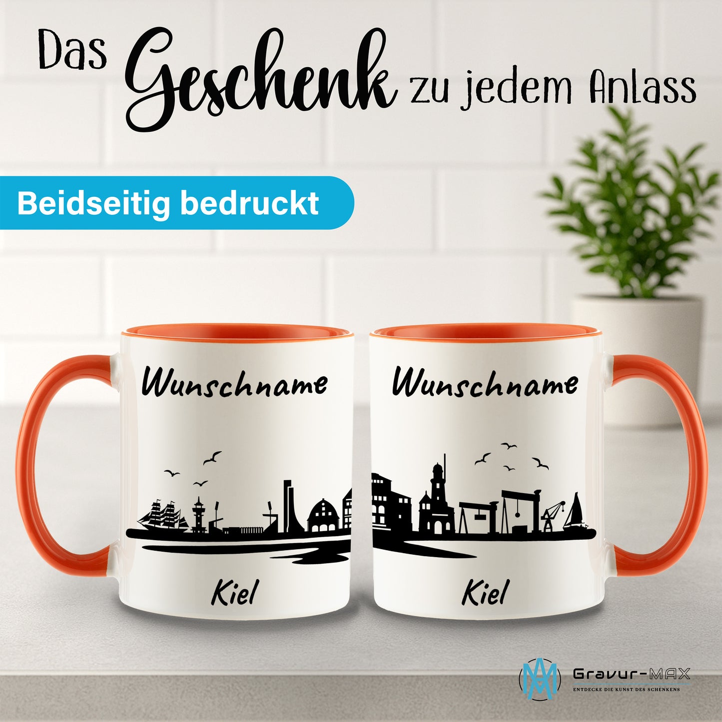 Tasse in Orange 330ml bedruckt mit der Skyline von Kiel personalisierbar mit Wunschname
