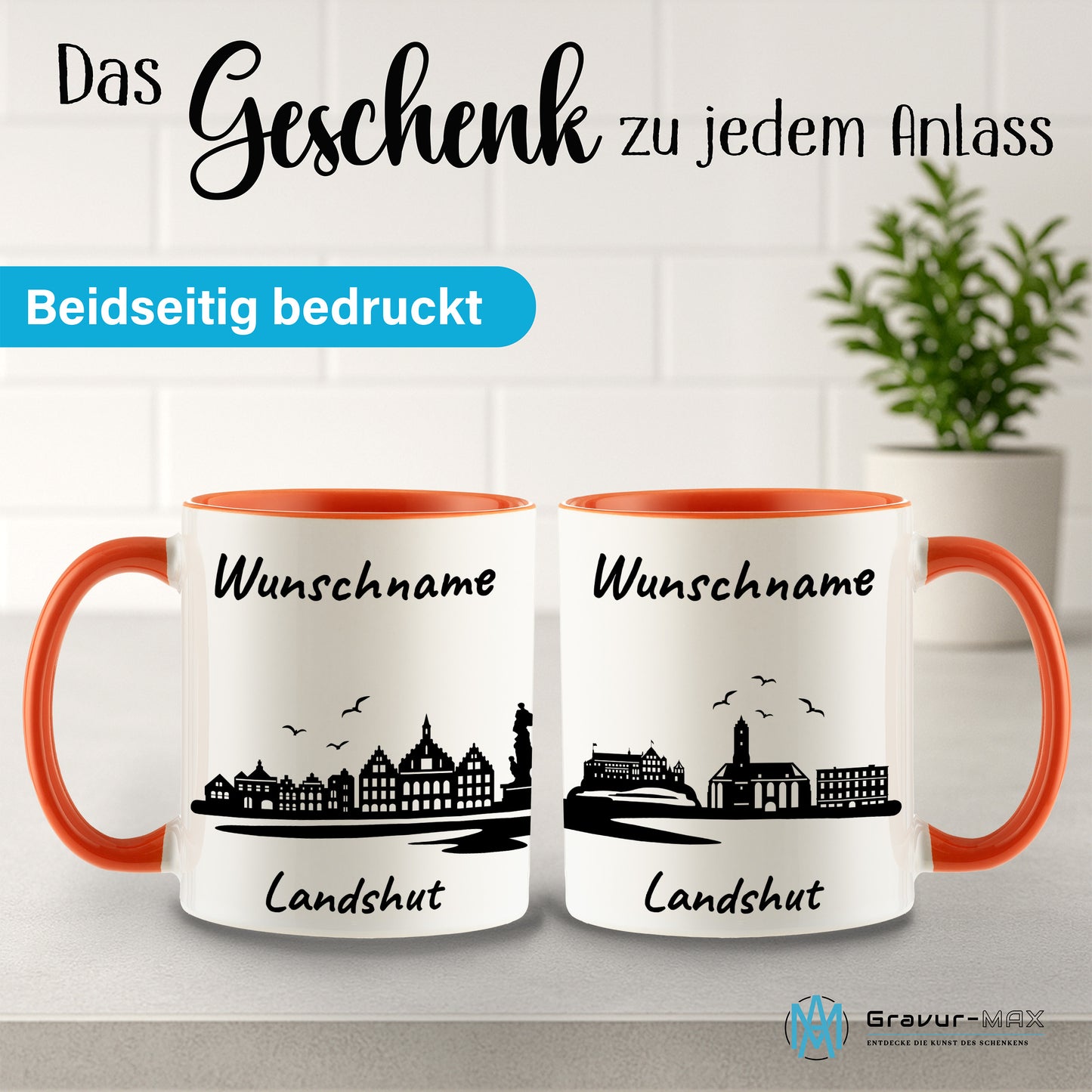 Tasse in Orange 330ml bedruckt mit der Skyline von Landshut personalisierbar mit Wunschname