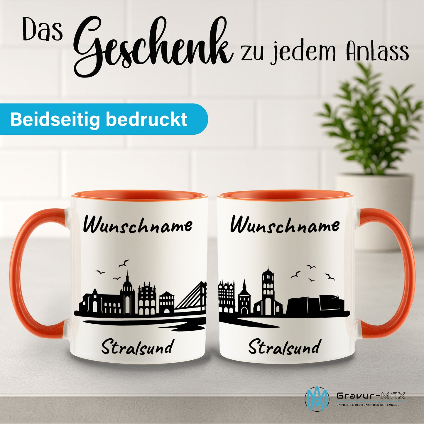 Tasse in Orange 330ml bedruckt mit der Skyline von Stralsund personalisierbar mit Wunschname