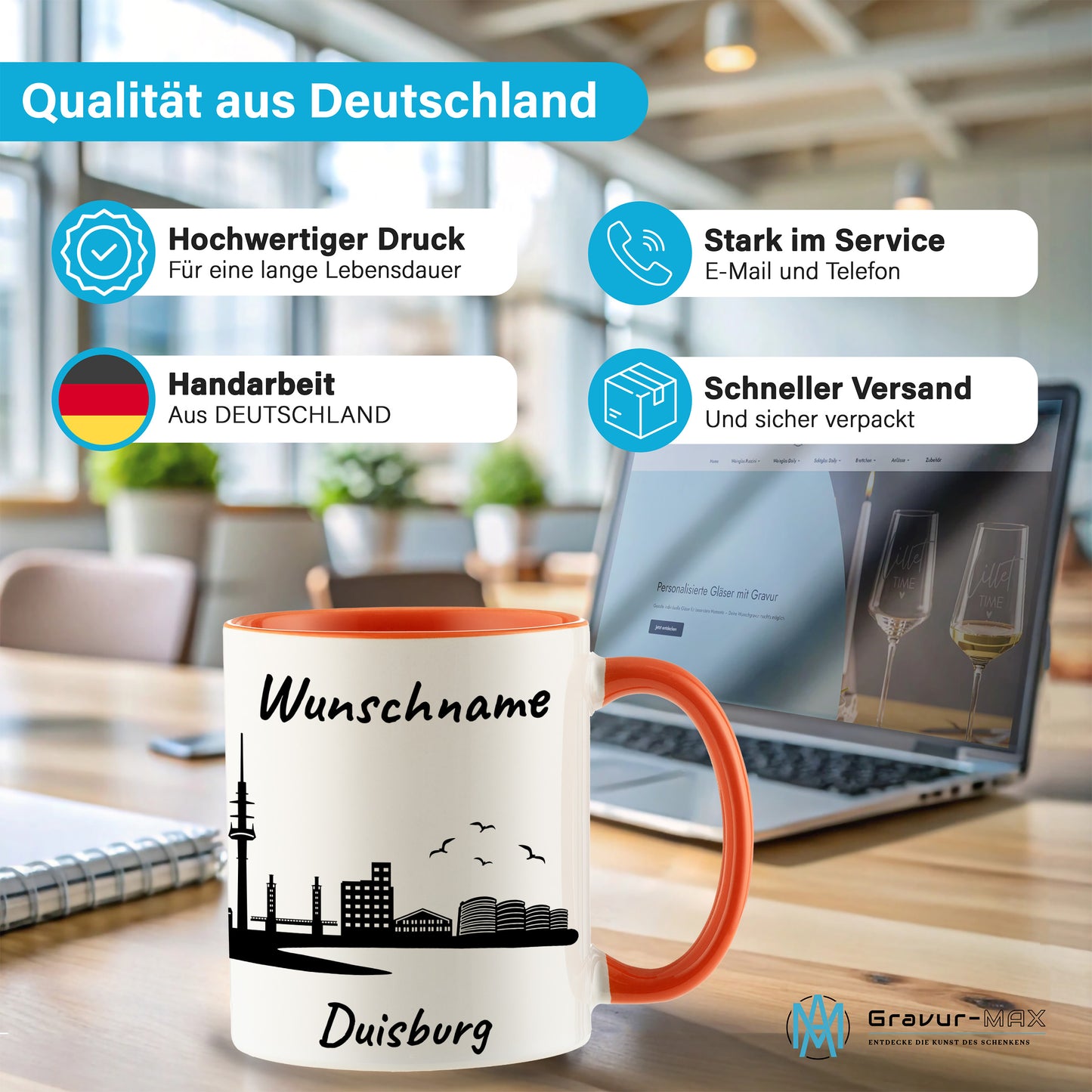 Tasse in Orange 330ml bedruckt mit der Skyline von Duisburg personalisierbar mit Wunschname